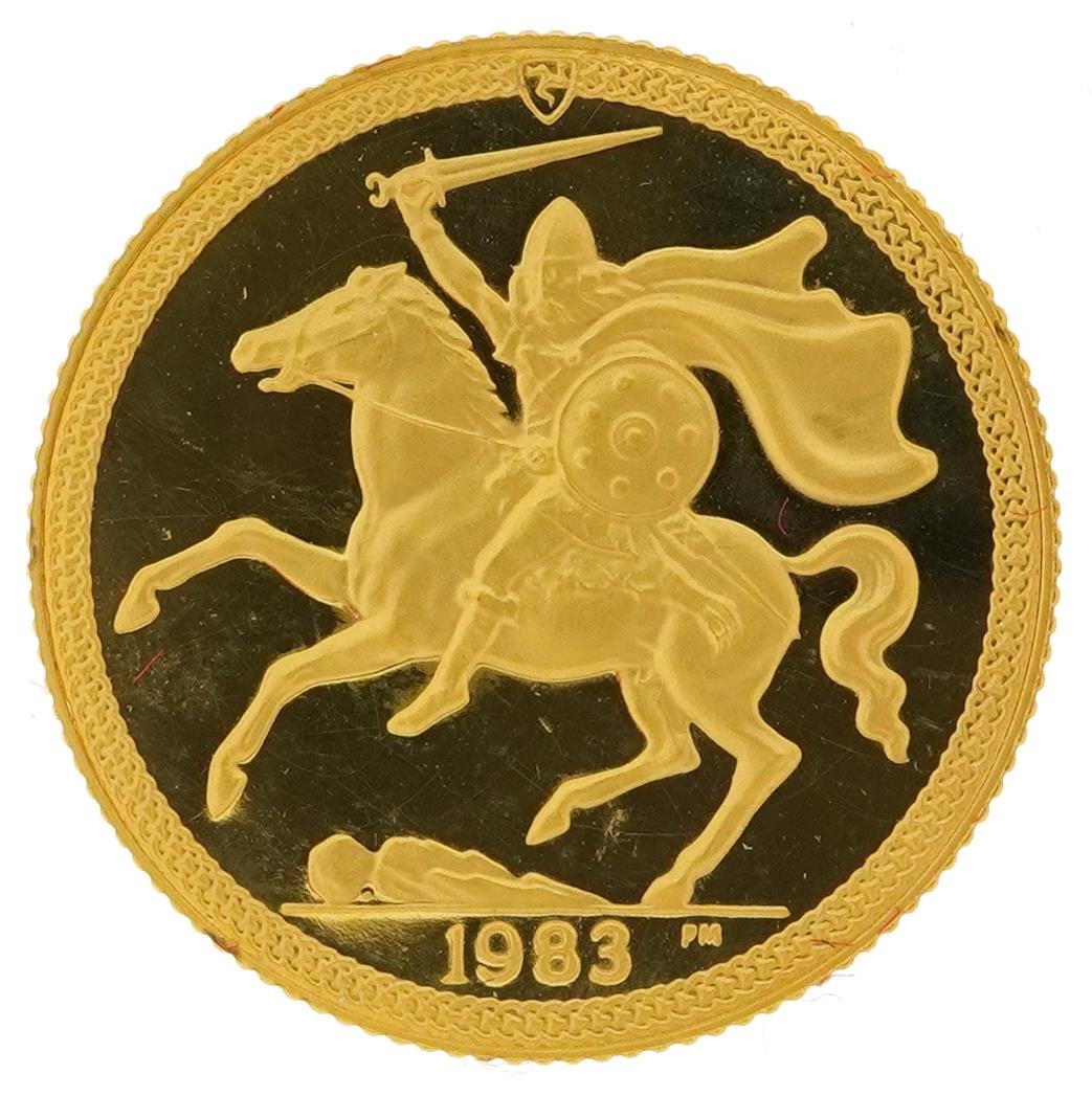 Elizabeth II Isle of Man 1983 Manx gold proof sovereign housed in a Pobjoy Mint book design case