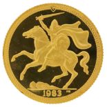 Elizabeth II Isle of Man 1983 Manx gold proof sovereign housed in a Pobjoy Mint book design case