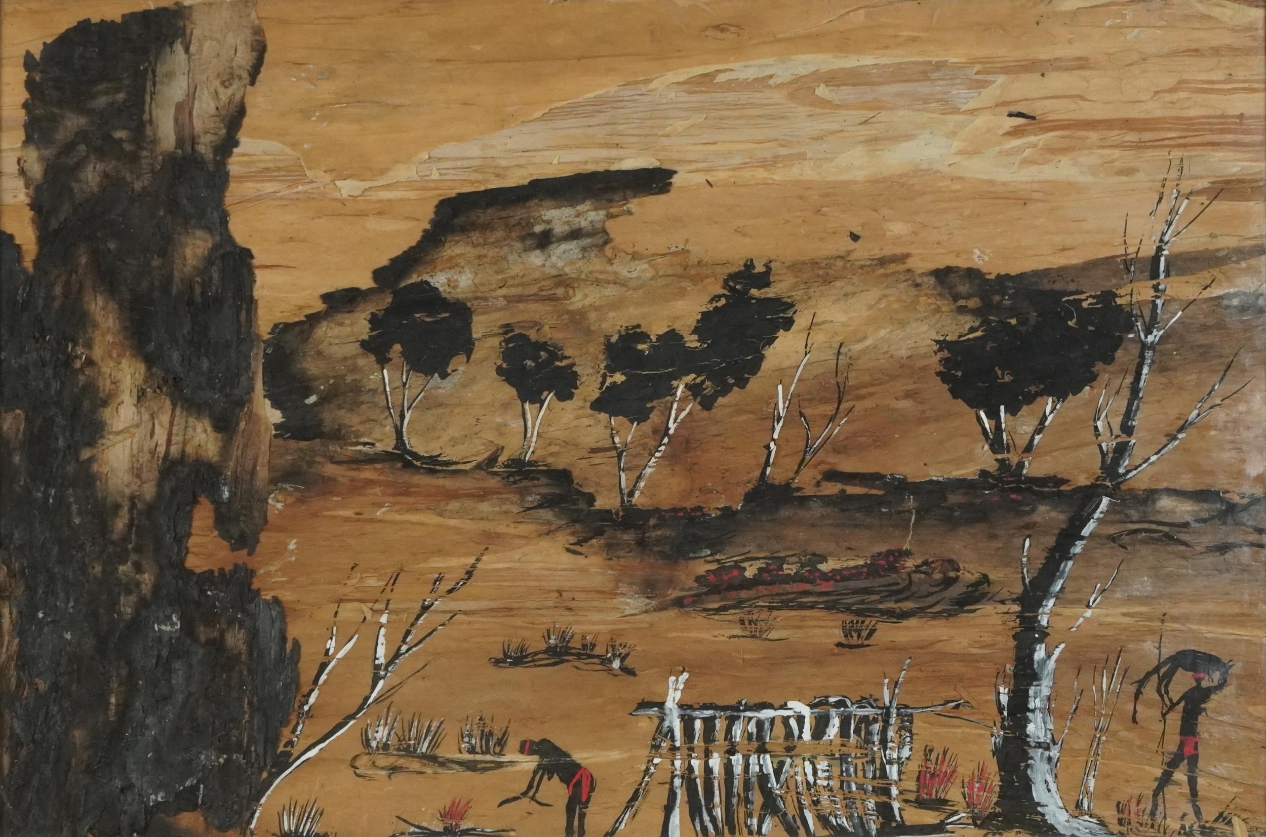 Australian landscape with Aboriginals, Aborigine Western Australian school painting on panel, labels
