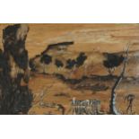Australian landscape with Aboriginals, Aborigine Western Australian school painting on panel, labels