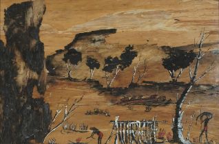 Australian landscape with Aboriginals, Aborigine Western Australian school painting on panel, labels