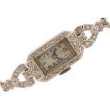 Art Deco ladies platinum diamond manual wind cocktail watch on a 9ct white gold strap having