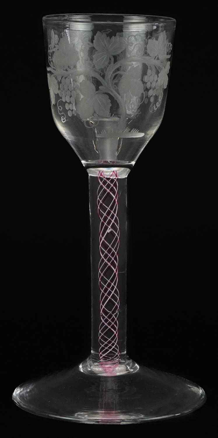 18th century wine glass with multi coloured opaque twist stem and bowl engraved with leaves and - Image 4 of 5