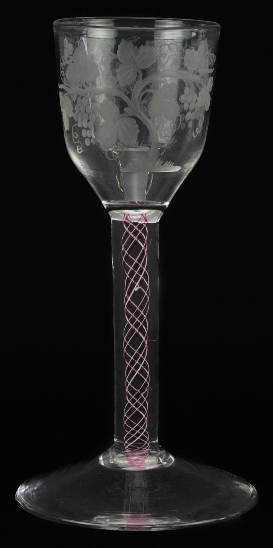 18th century wine glass with multi coloured opaque twist stem and bowl engraved with leaves and - Bild 4 aus 5