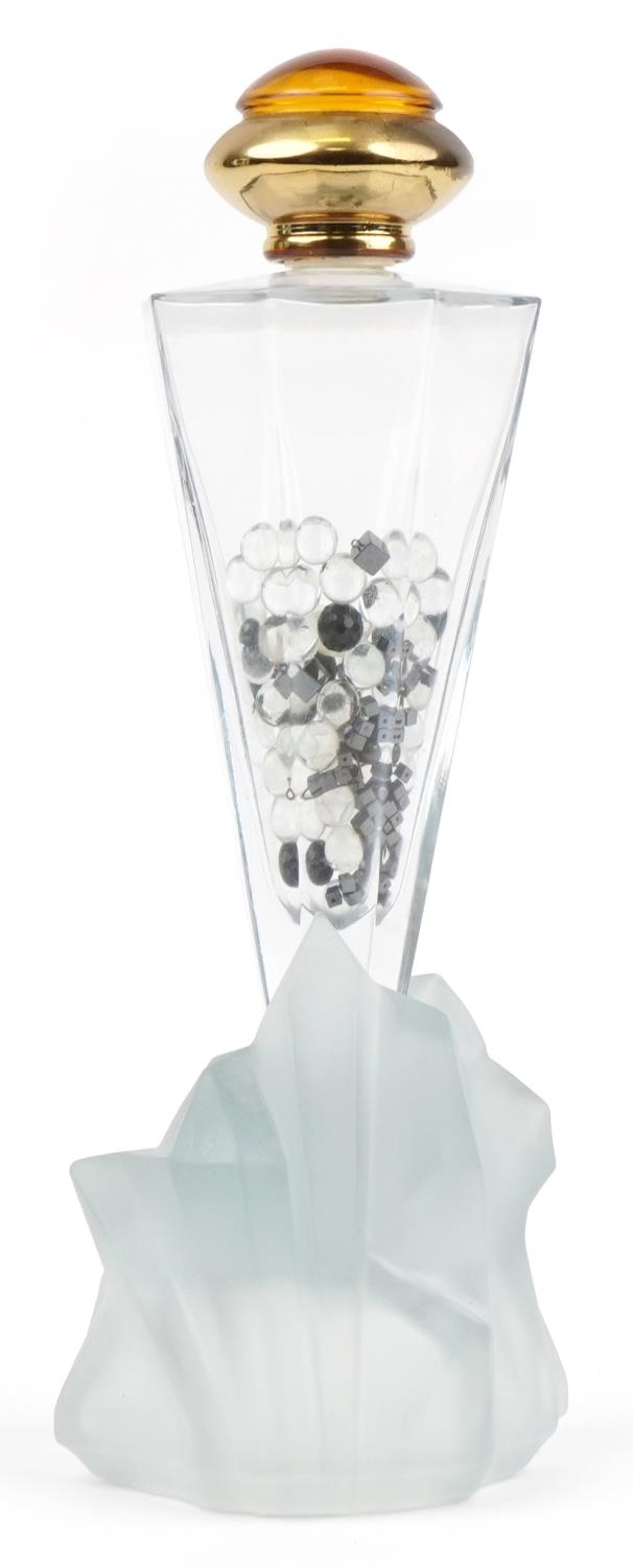 Large shop dummy display scent bottle on naturalistic rocky frosted glass base, overall 41cm high - Image 2 of 3