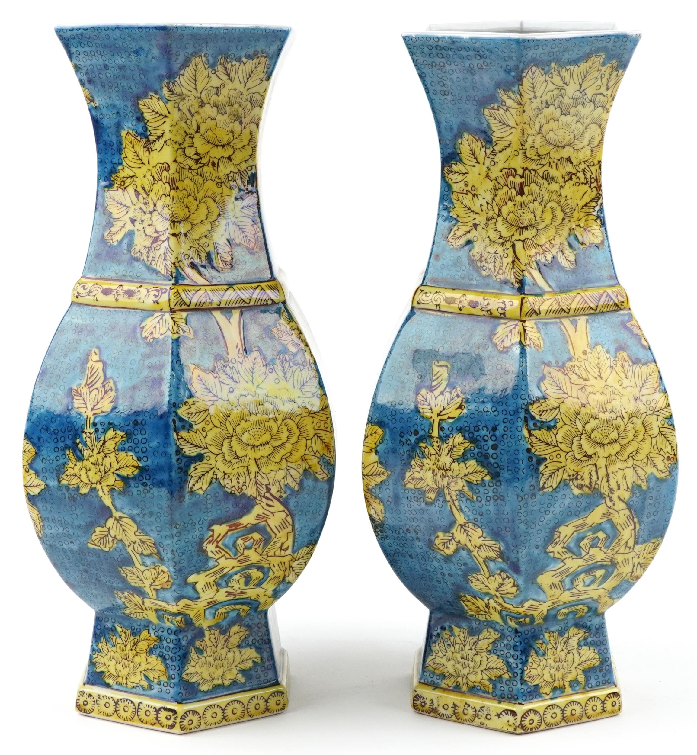 Pair of Chinese porcelain hexagonal blue ground vases hand painted with flowers, each 40cm high - Image 4 of 6