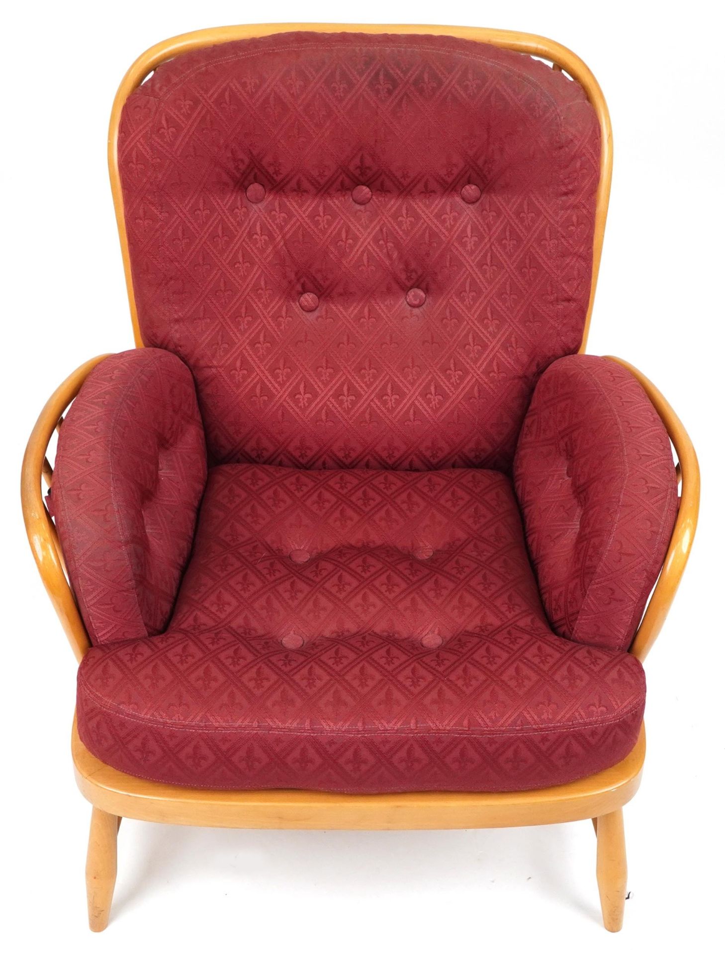 Ercol light elm Jubilee stick back armchair with red fleur de lis upholstered cushioned seats, - Bild 6 aus 6