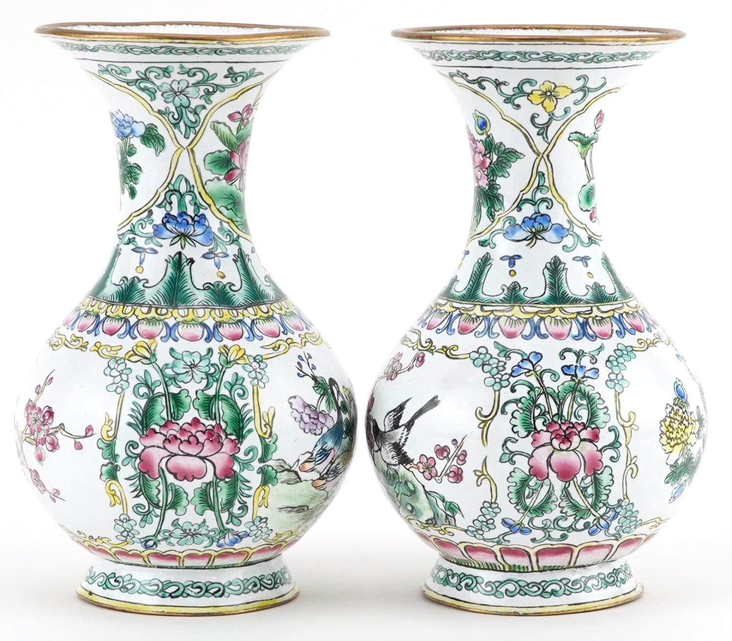 Pair of Chinese Canton enamelled vases hand painted with birds and ducks amongst flowers, each - Image 4 of 6