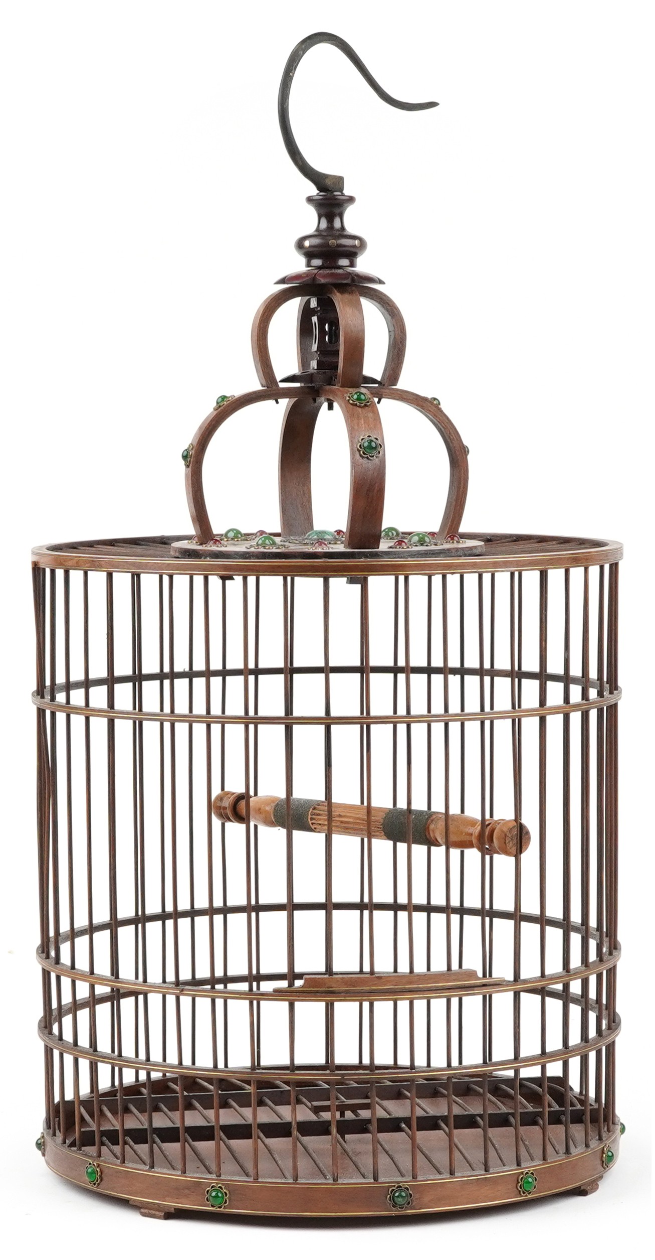 Chinese hardwood hanging birdcage with green and red cabochons, 65cm high