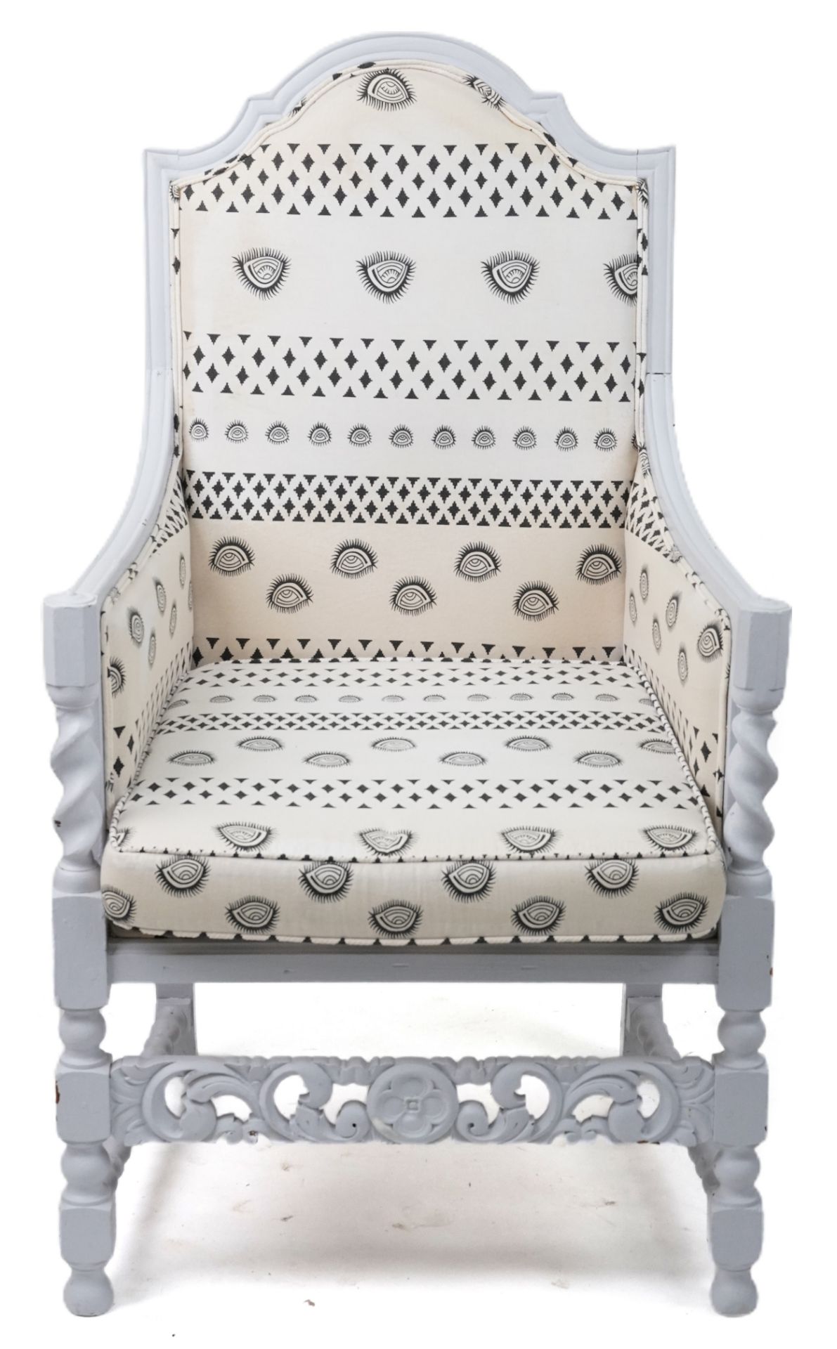 Cream painted barley twist armchair with black and white upholstery, 110cm high - Image 2 of 4