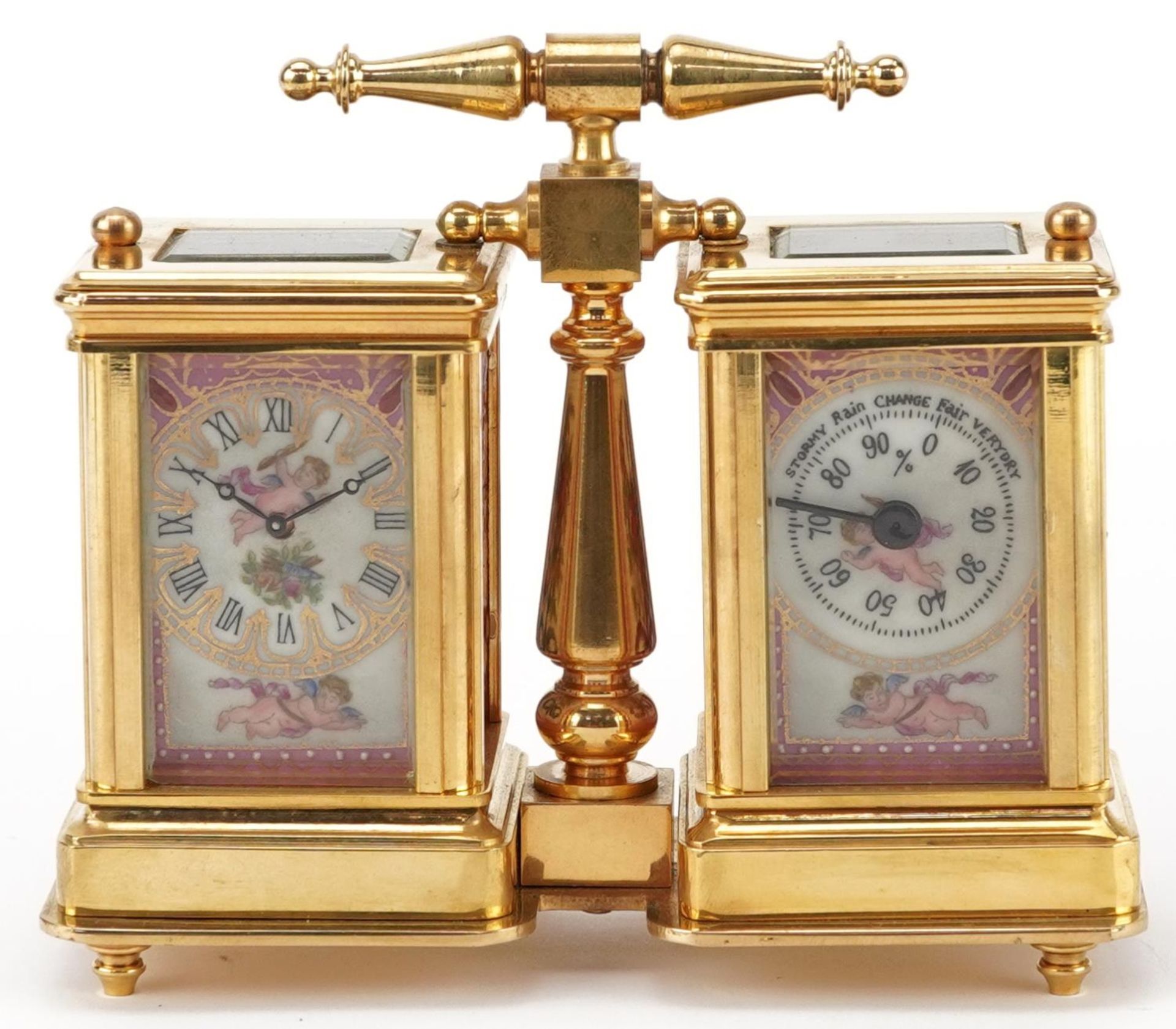 French brass cased clock barometer timepiece having Sevres type porcelain panels decorated with - Image 2 of 8
