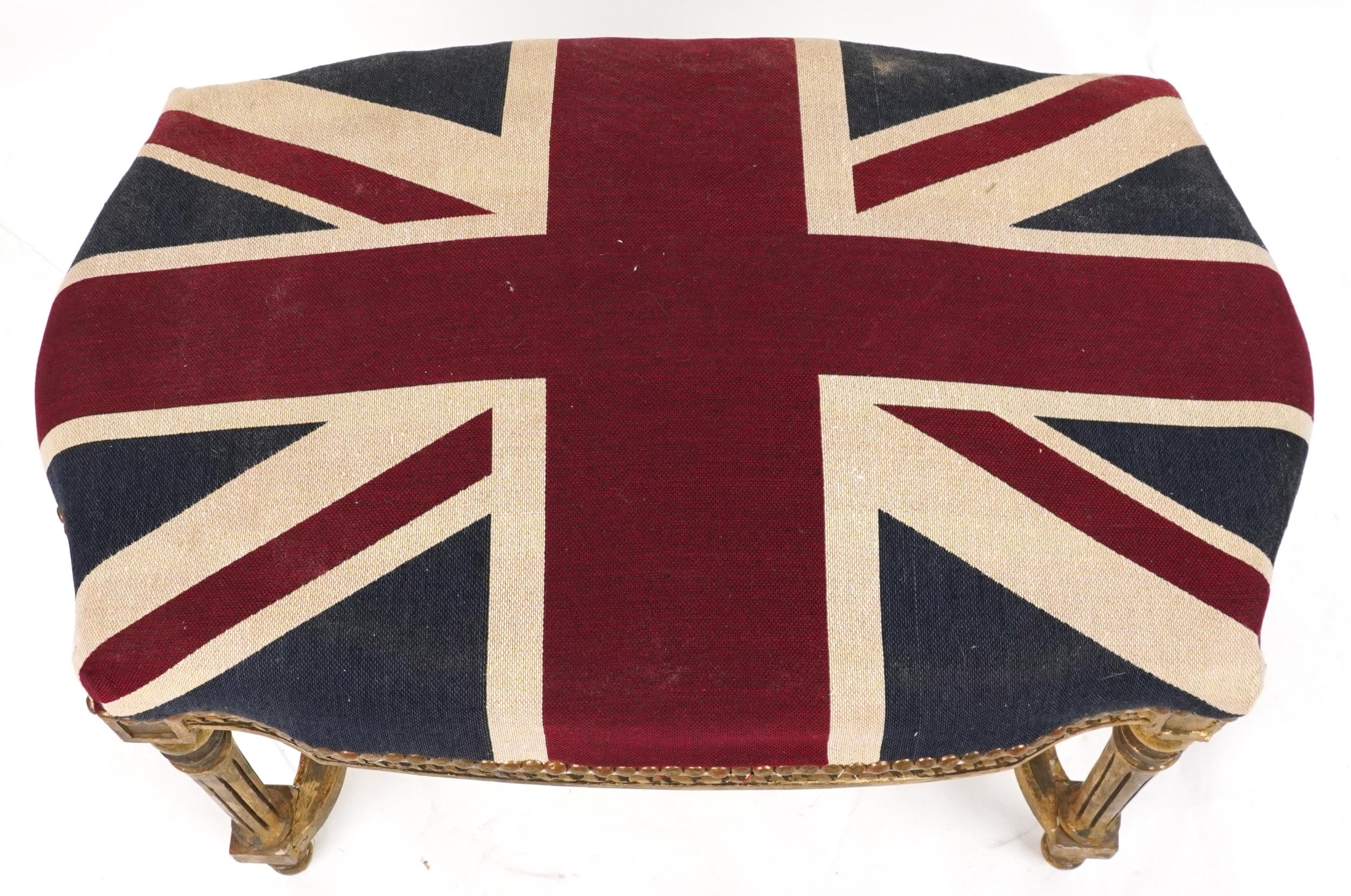 French style gilt stool with H stretcher on reeded legs with Union Jack design cushioned seat, - Image 3 of 4