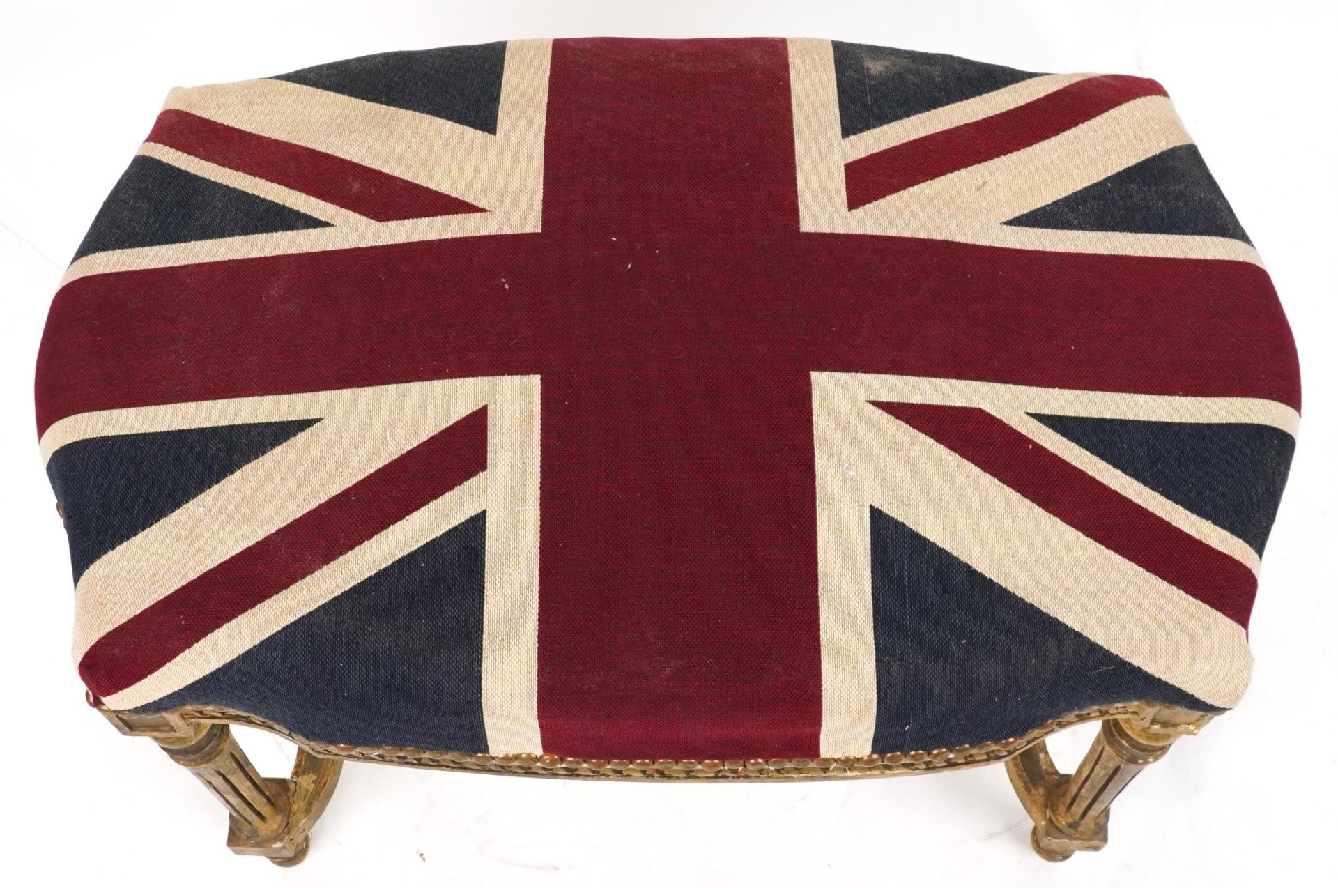 French style gilt stool with H stretcher on reeded legs with Union Jack design cushioned seat, - Bild 3 aus 4