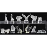 Thirteen frosted, clear glass and stone animal paperweights including Goebel examples, the largest