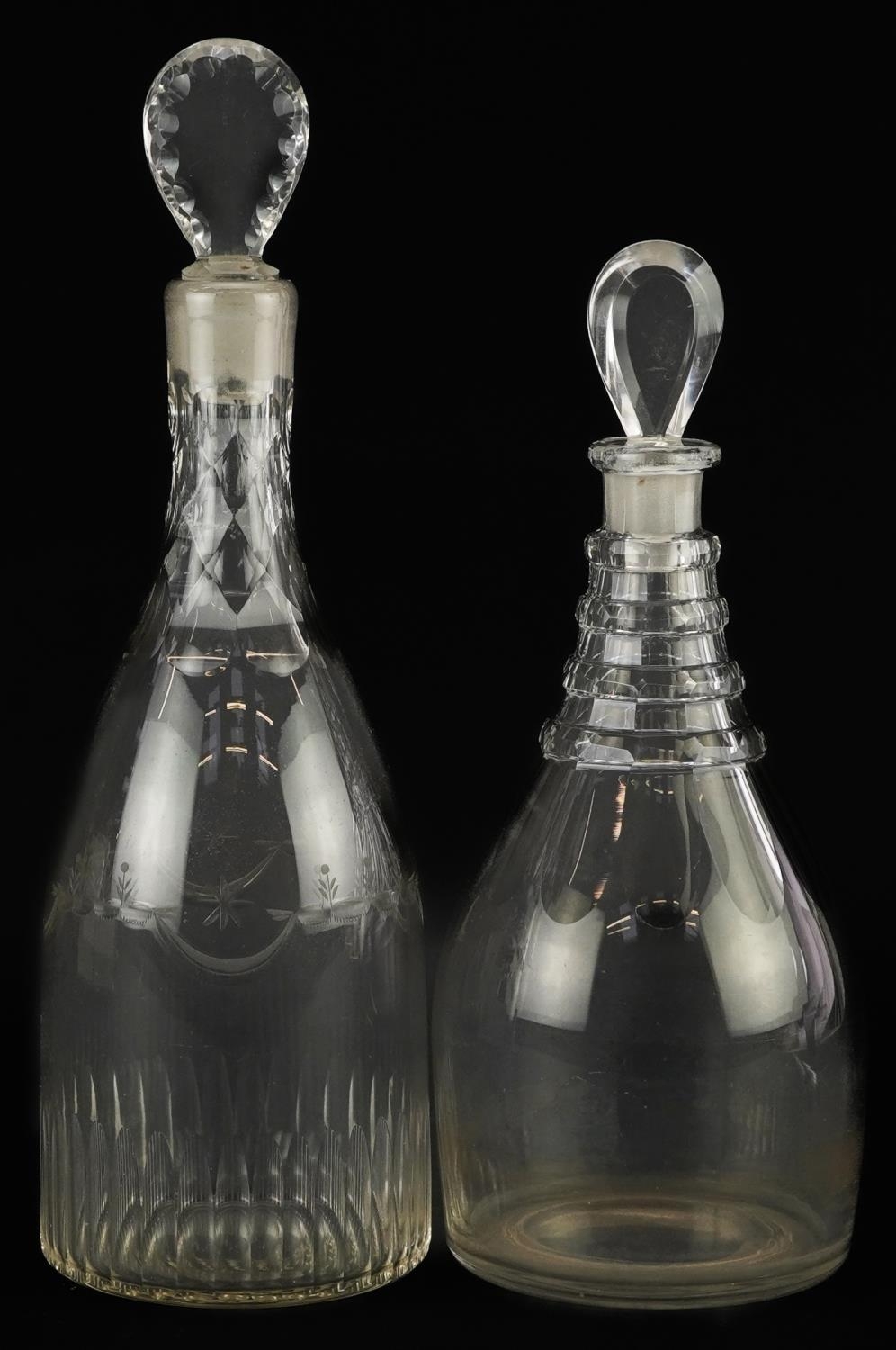 Two Georgian cut glass decanters including one engraved with flowers, the largest 32cm high - Image 2 of 3