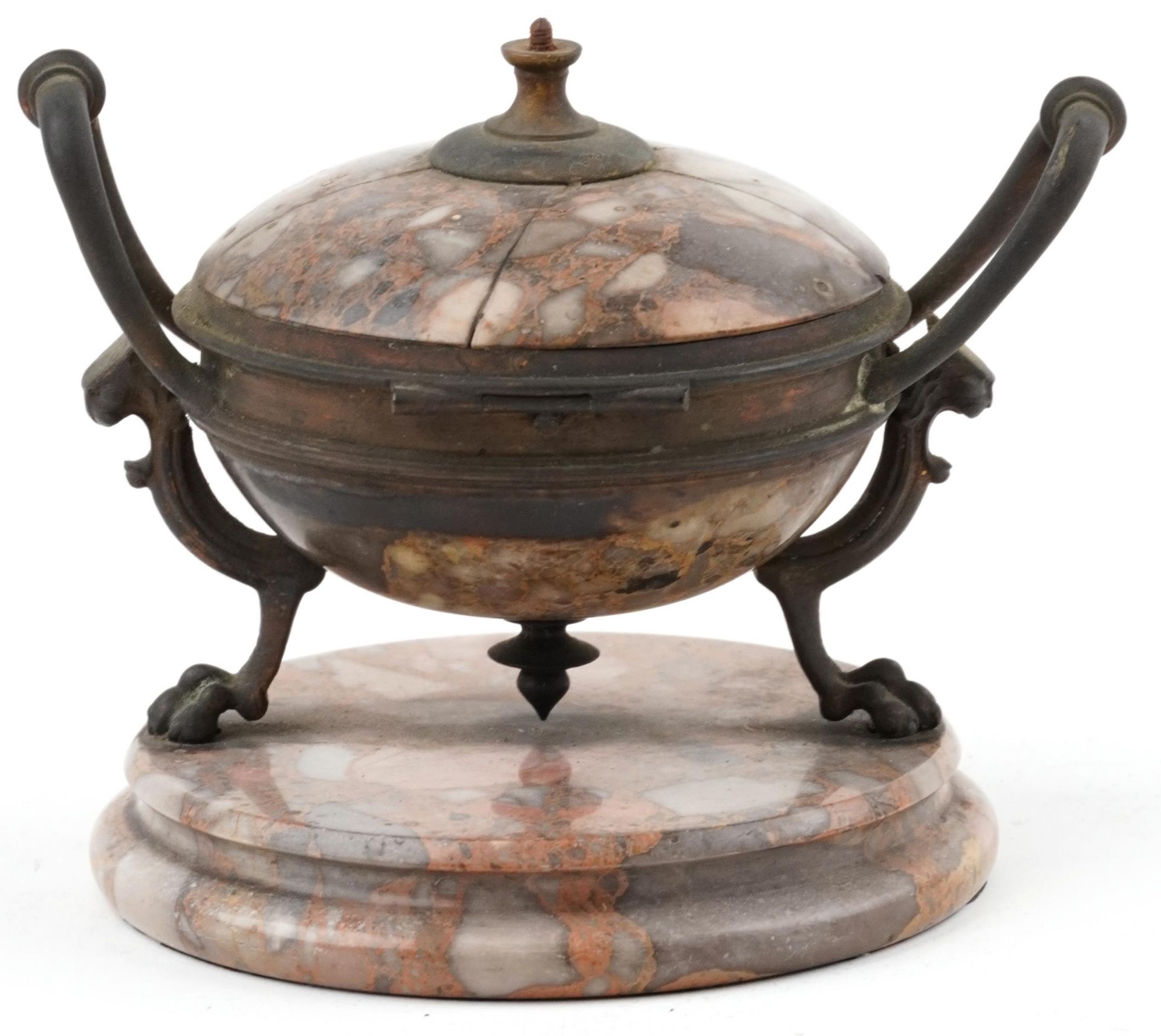 19th century Grand Tour patinated bronze and Breccia Pernice marble desk inkwell with mythical - Bild 3 aus 5