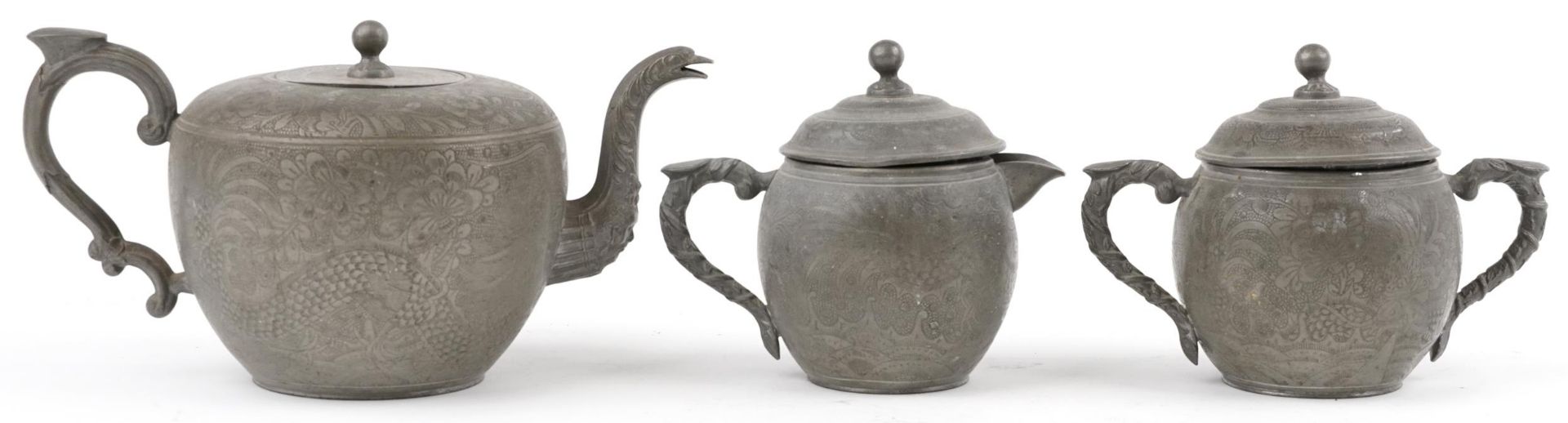 Chinese Swatow Kut Hing pewter three piece tea set comprising teapot, lidded milk jug and lidded - Image 4 of 8