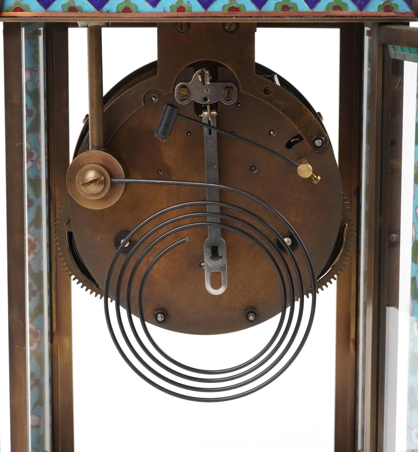 French champleve enamel and brass four glass mantle clock striking on a gong, the enamelled dial - Image 5 of 6