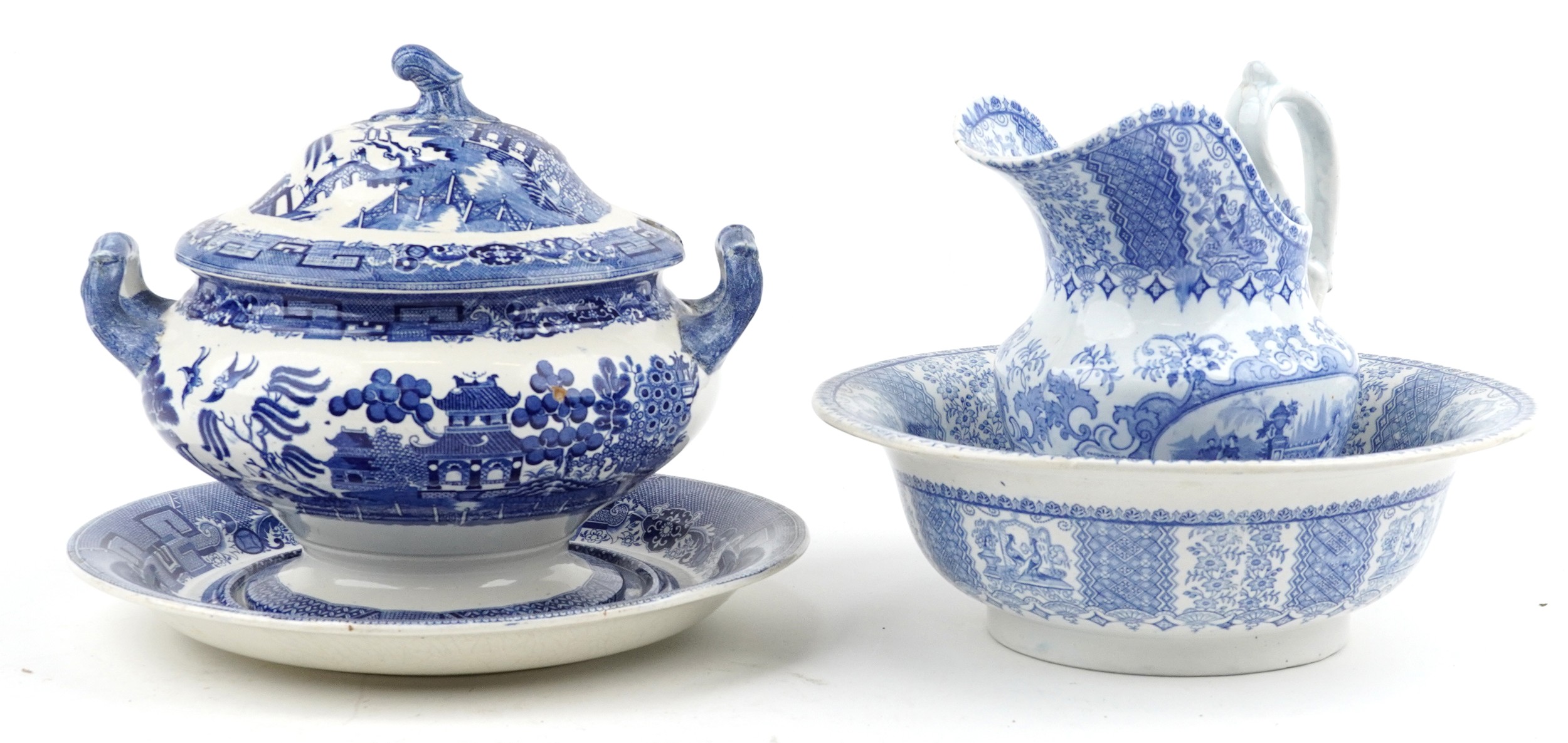 Victorian blue and white wash jug and basin, transfer printed in the Tyrolienne pattern and a