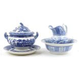 Victorian blue and white wash jug and basin, transfer printed in the Tyrolienne pattern and a