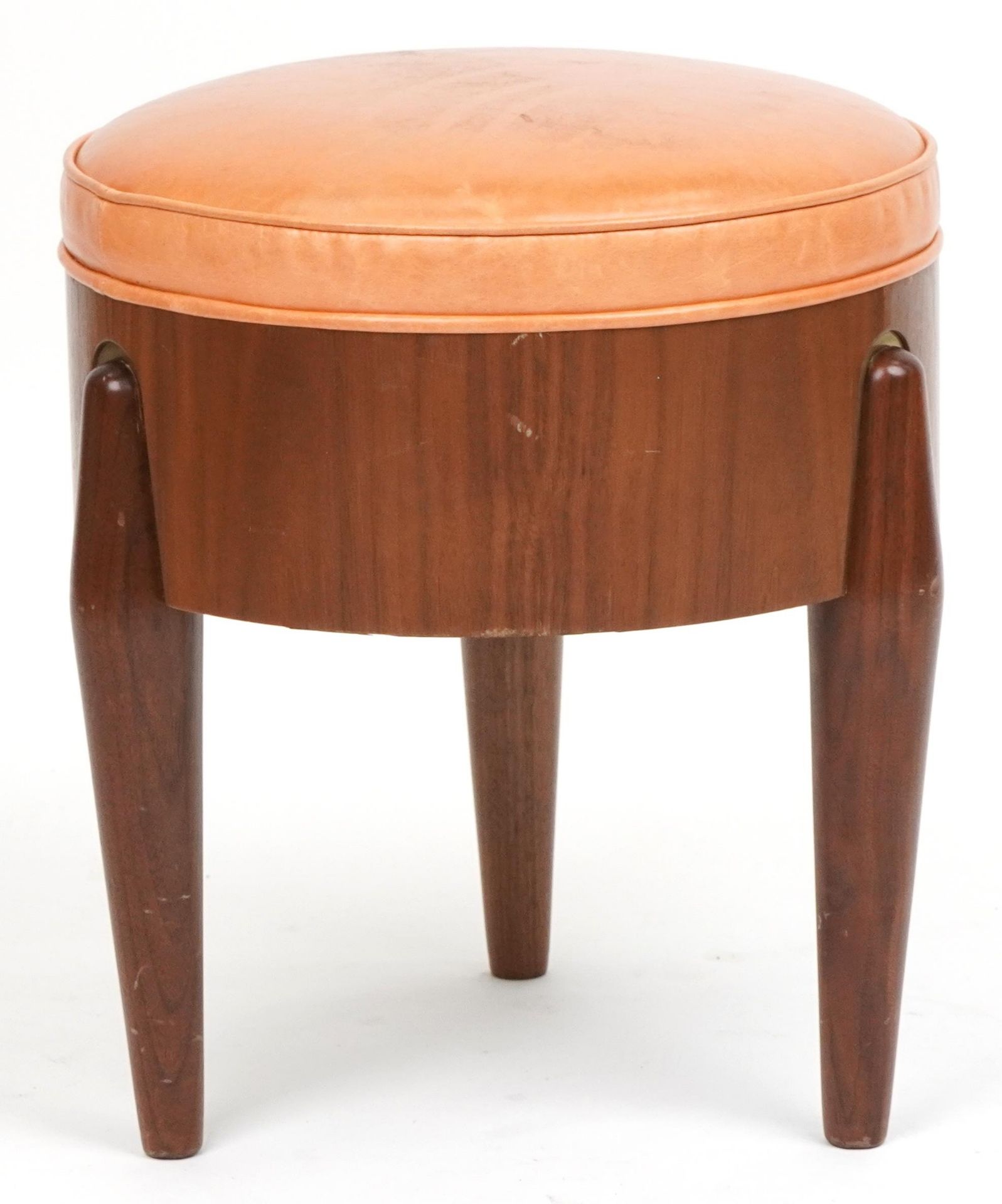 Scandinavian design hardwood three legged rocket stool with tan upholstered cushioned seat, 45cm H x - Image 3 of 3