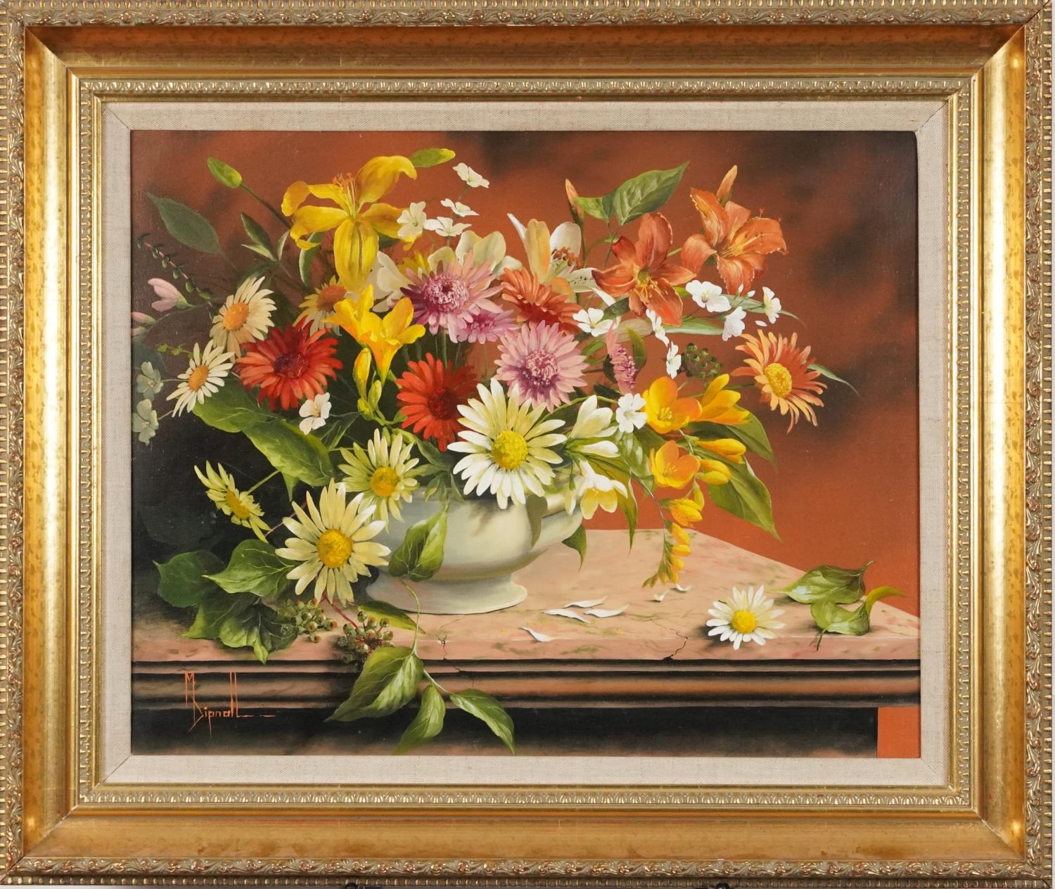 Mary Dipnall - Still life flowers, contemporary oil on canvas, mounted and framed, 49cm x 39cm - Image 2 of 4