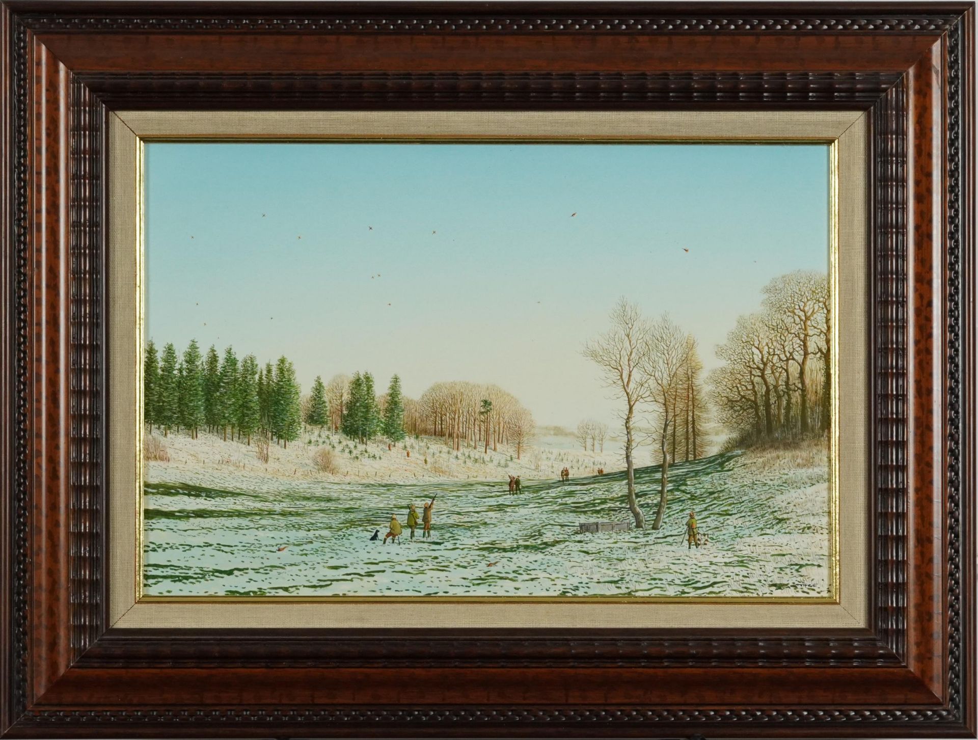 Mace - Winter morning shoot, contemporary oil on board, mounted and framed, 36.5cm x 23.5cm - Image 2 of 4