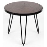 Industrial circular hardwood and wrought iron occasional table with hairpin legs, 53.5cm high x 61cm