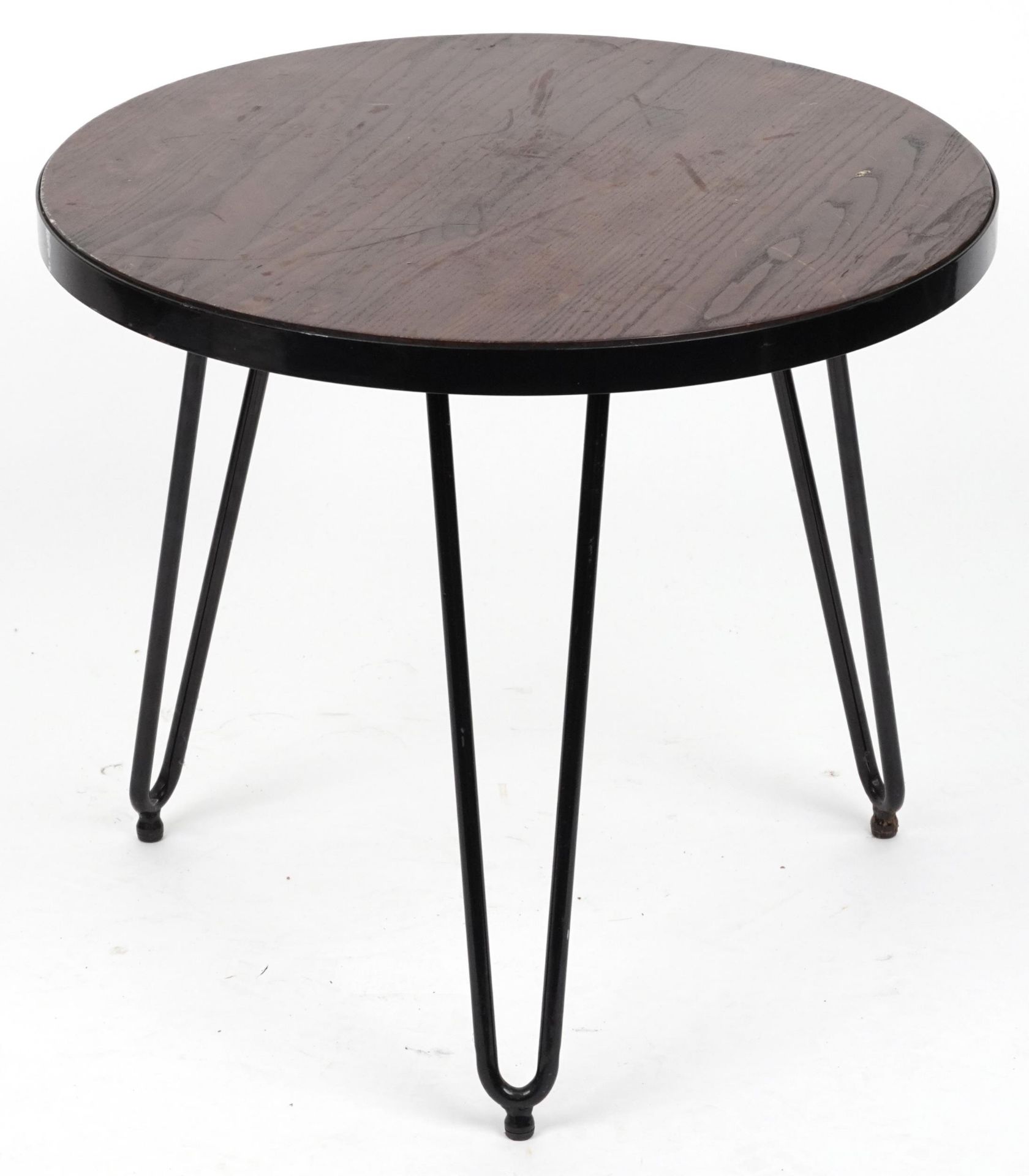 Industrial circular hardwood and wrought iron occasional table with hairpin legs, 53.5cm high x 61cm