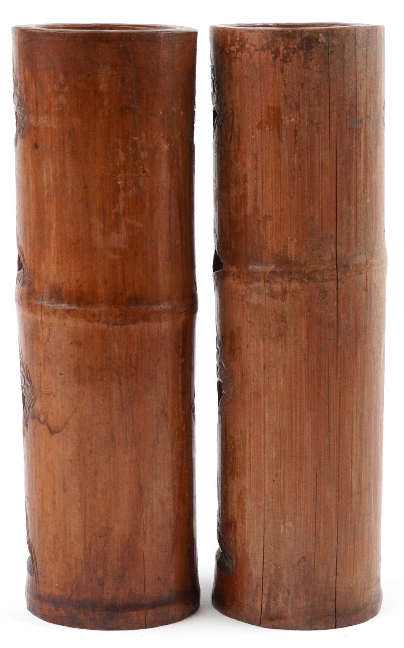 Pair of Chinese cylindrical bamboo vases carved with figures amongst trees and pavilions, each - Image 3 of 7