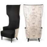 Contemporary high back throne chair upholstered with maps of London and surrounding on ebonised