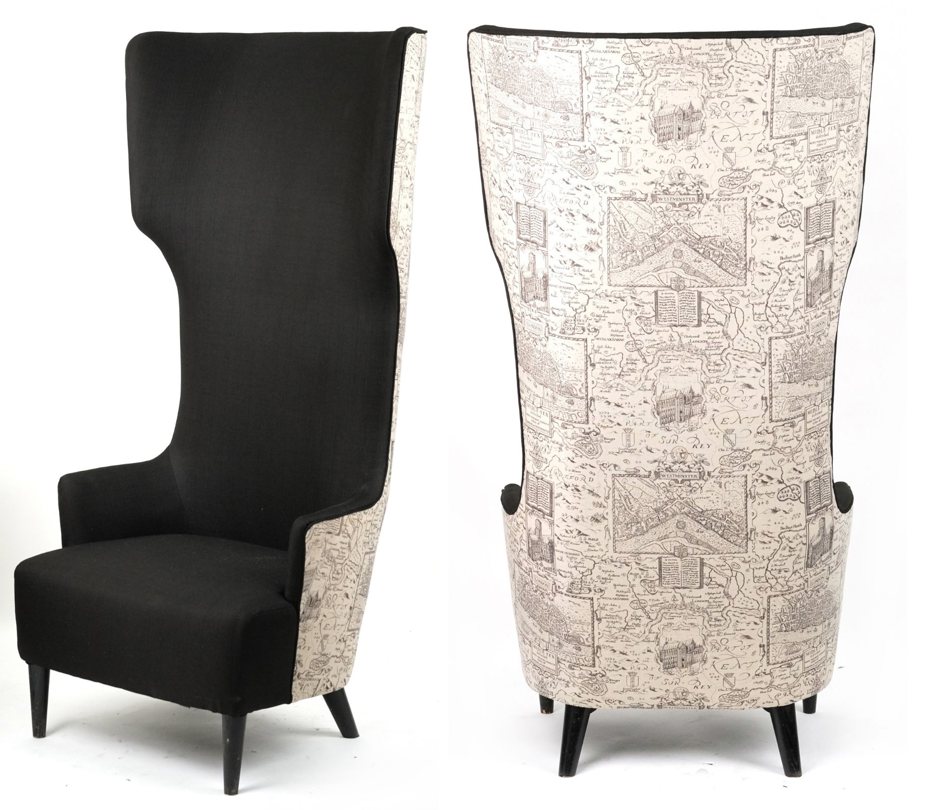 Contemporary high back throne chair upholstered with maps of London and surrounding on ebonised