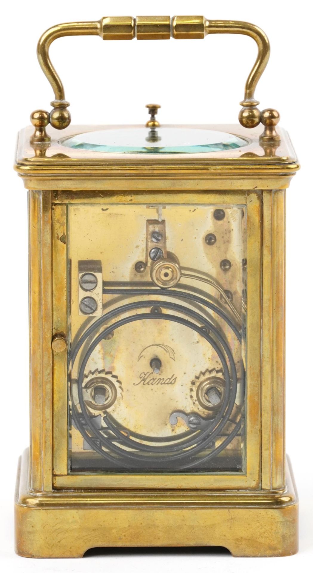 Large French brass cased repeating carriage clock striking on a gong with enamelled dial having - Image 3 of 6