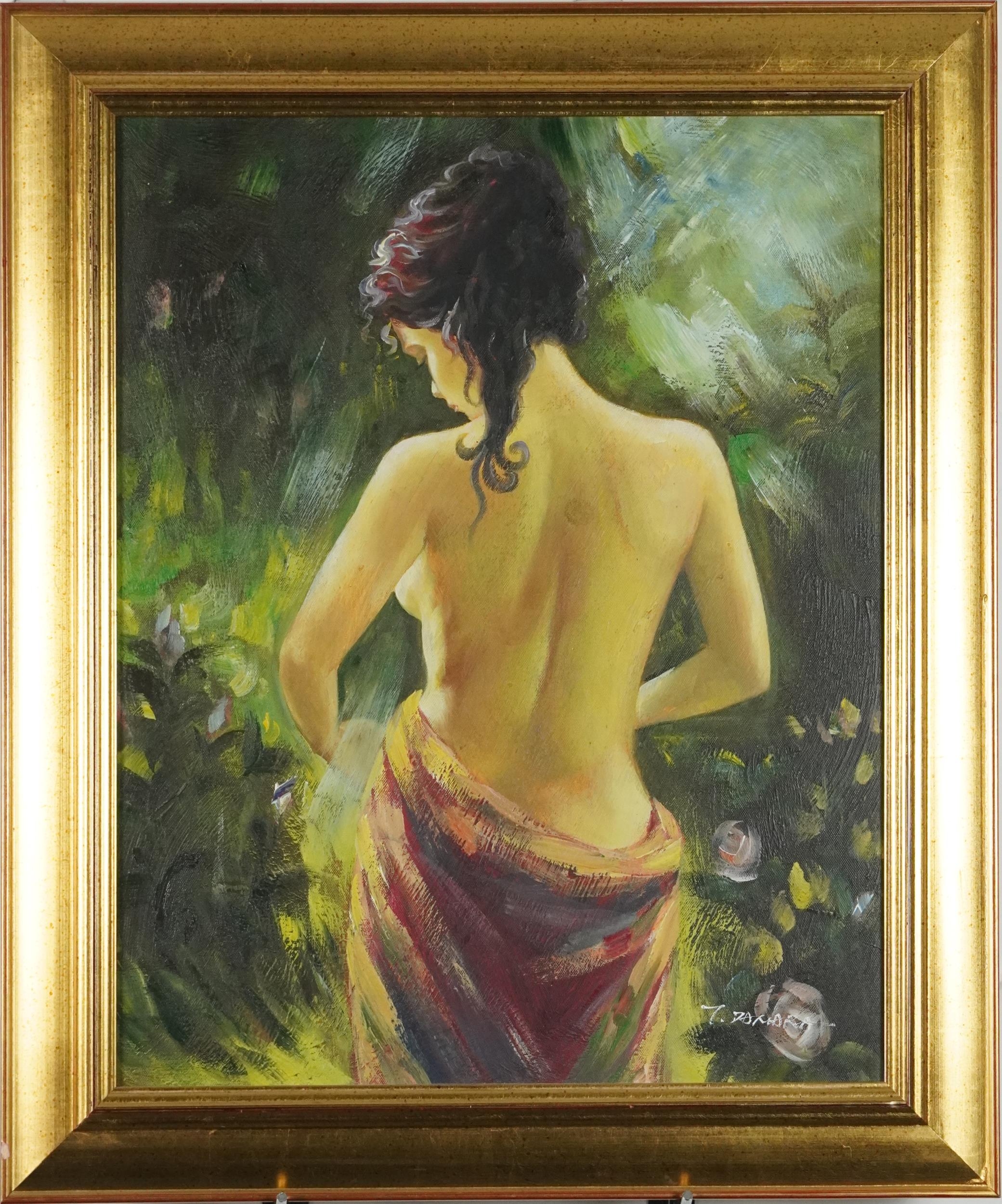 Portrait of a semi nude female contemporary oil on canvas, mounted and framed, 49.5cm x 39.5cm - Image 2 of 5