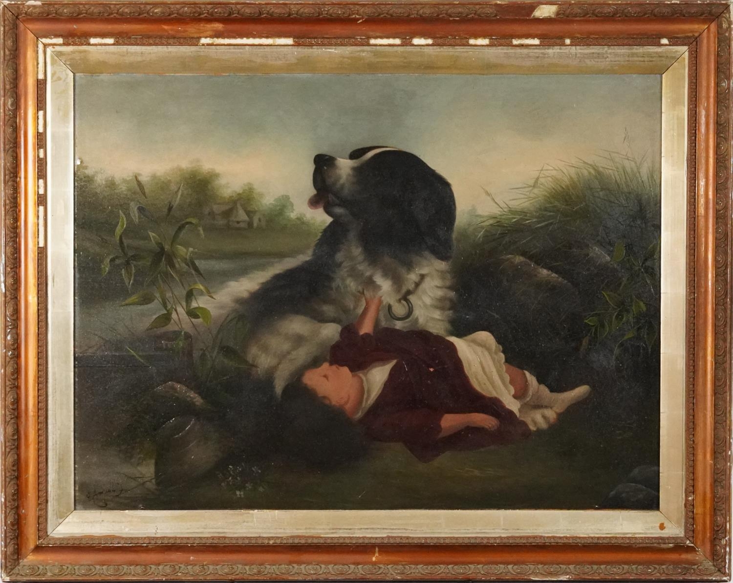 After Edward Landseer - Spaniel with child in a landscape, 19th century style oil on board bearing - Image 2 of 4