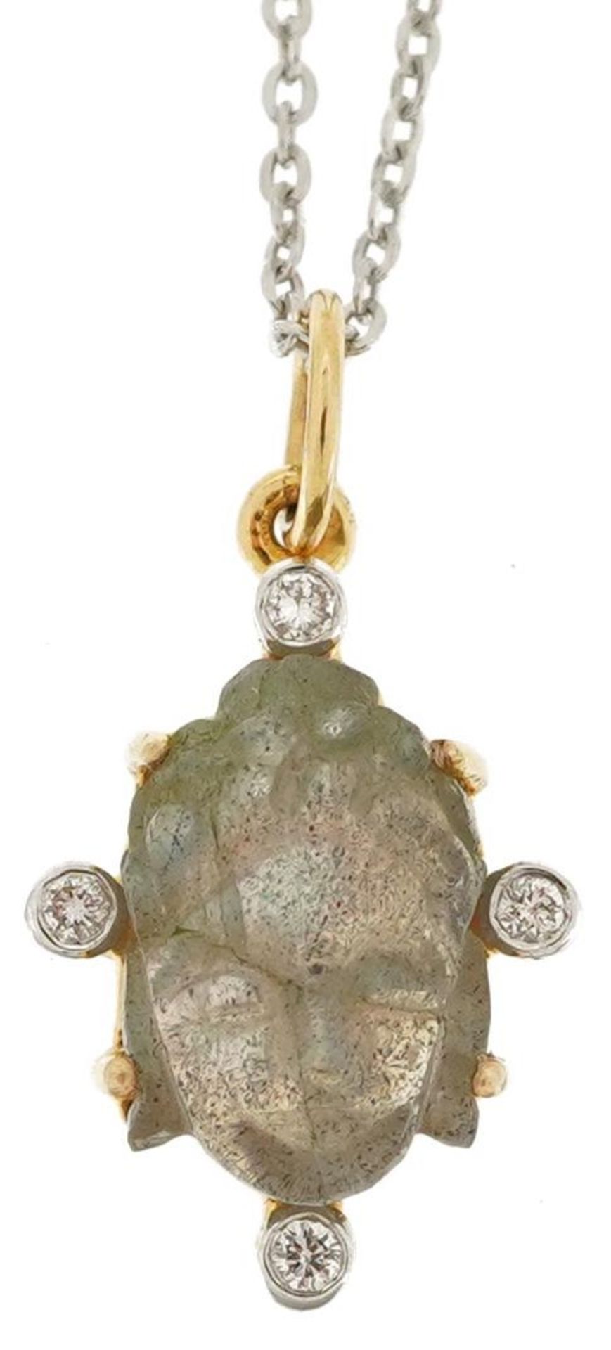 14ct gold diamond and carved labradorite pendant in the form of a Buddha head, on a silver necklace, - Image 2 of 5