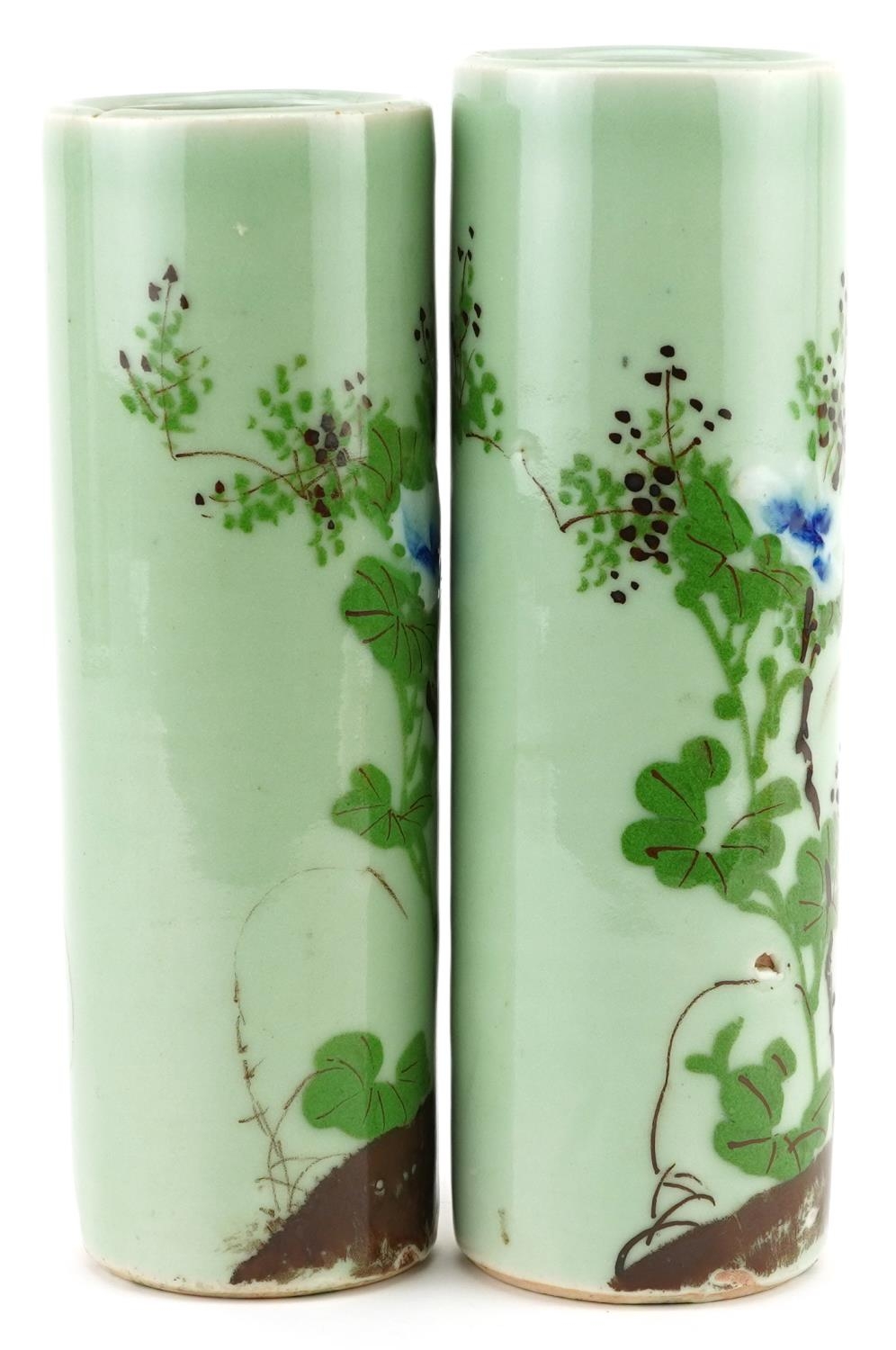 Matched pair of Japanese celadon glazed porcelain cylindrical vases hand painted with flowers, - Image 4 of 6