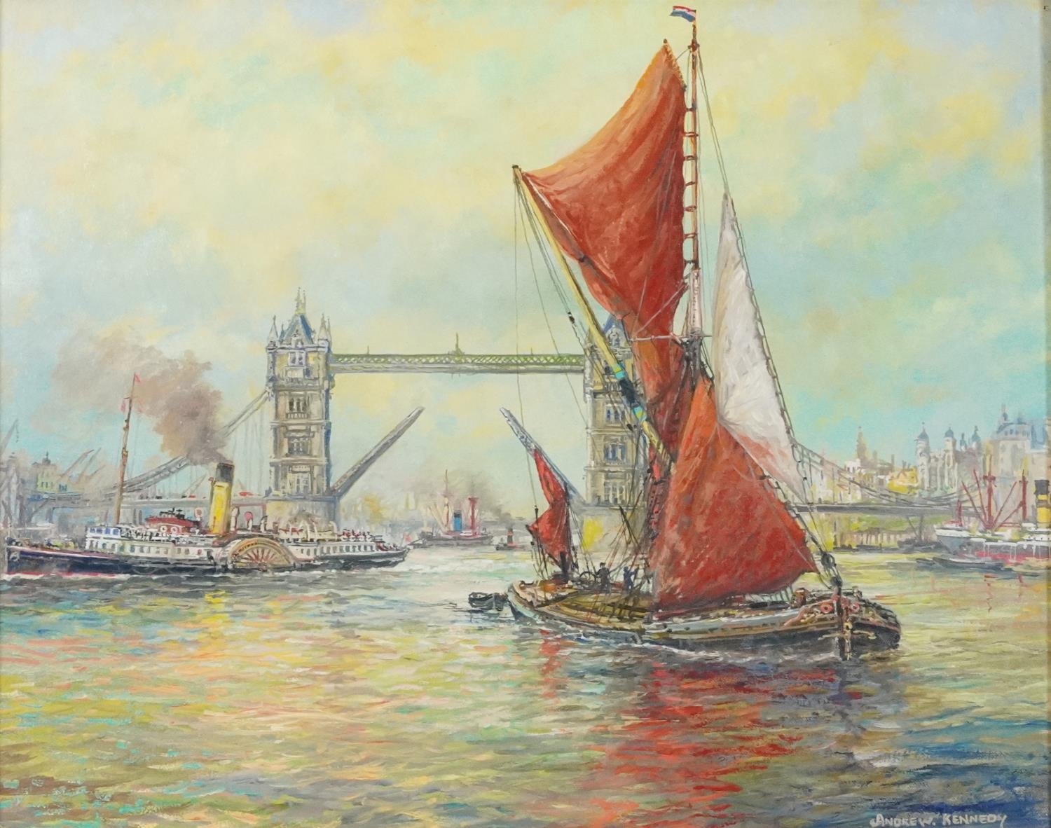 Andrew Kennedy - The River Thames with London Bridge and paddle steamer, contemporary oil on canvas,