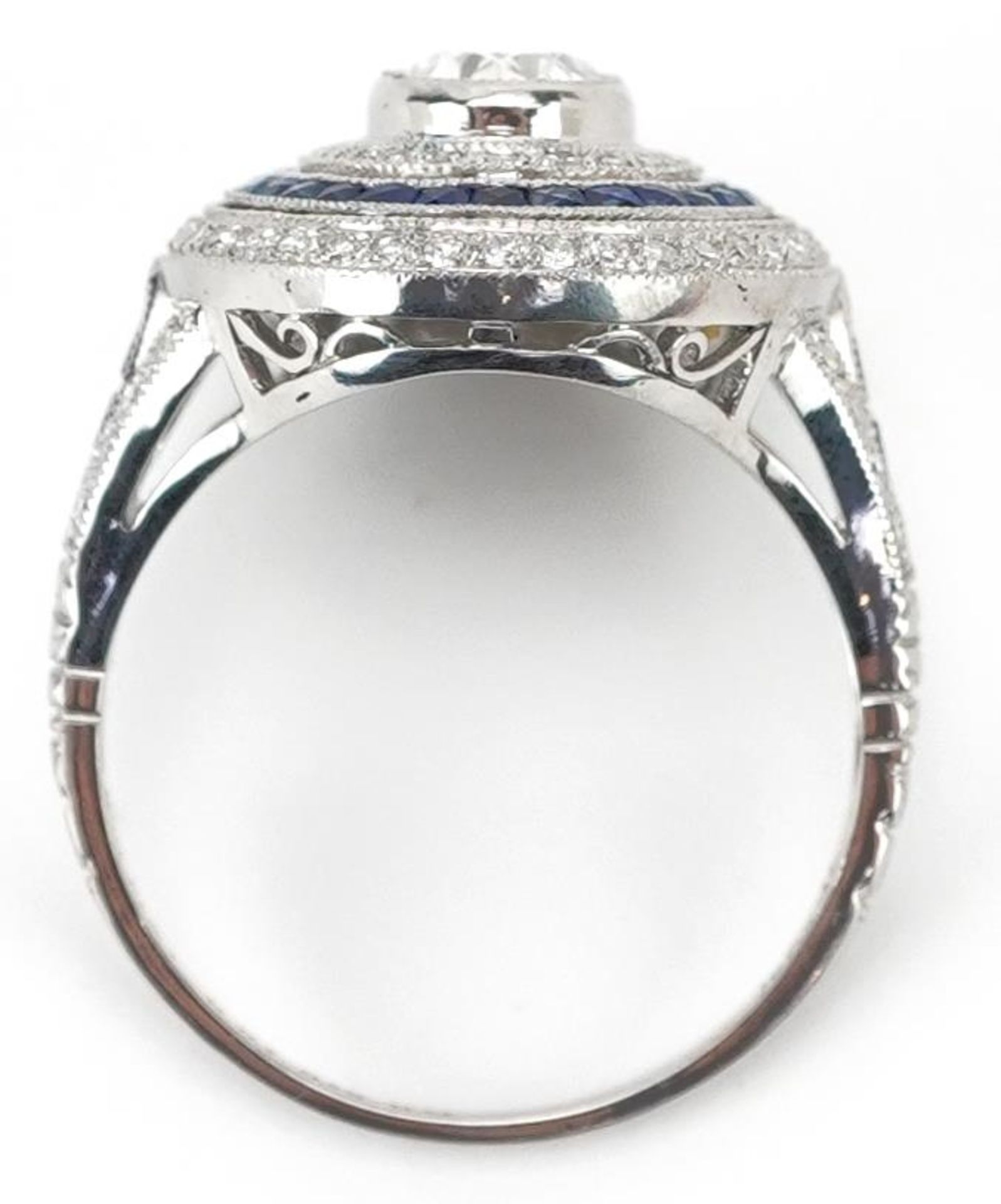 Art Deco style platinum diamond and sapphire four tier cluster ring, total diamond weight - Image 4 of 6