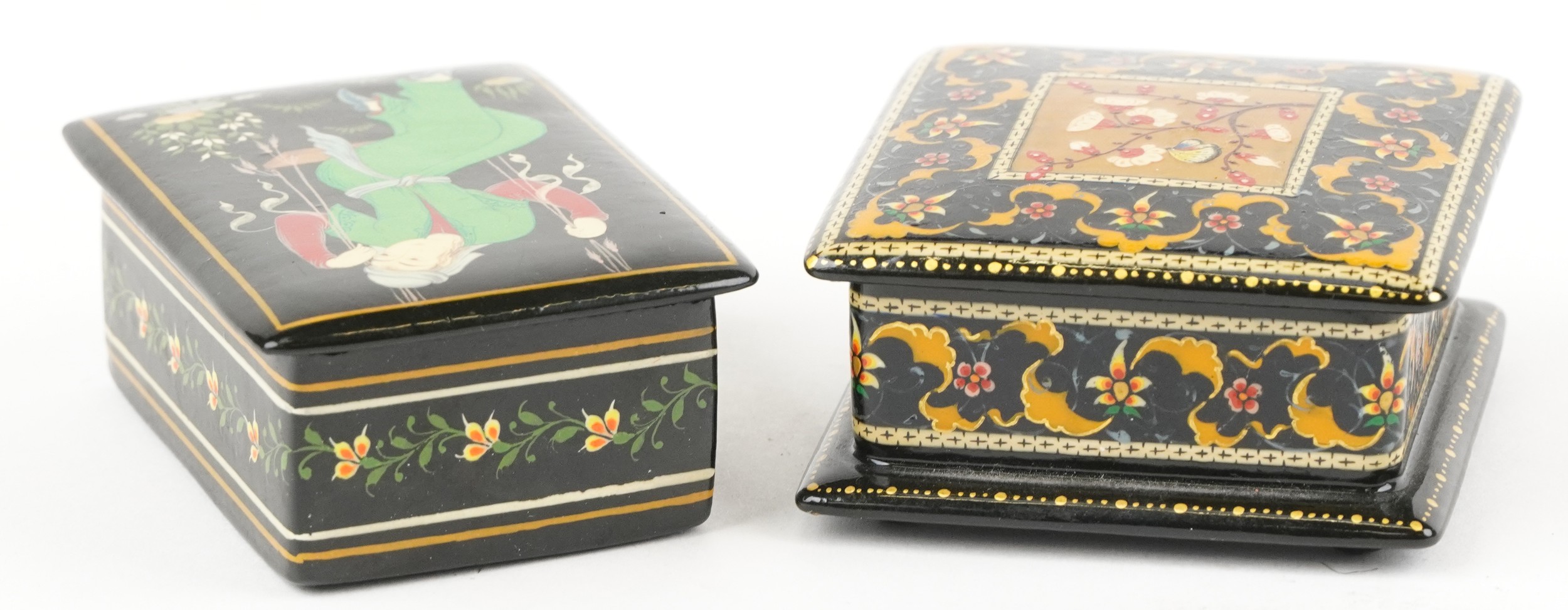 Two Islamic black lacquered boxes and covers including an example hand painted with flowers, the - Image 3 of 4