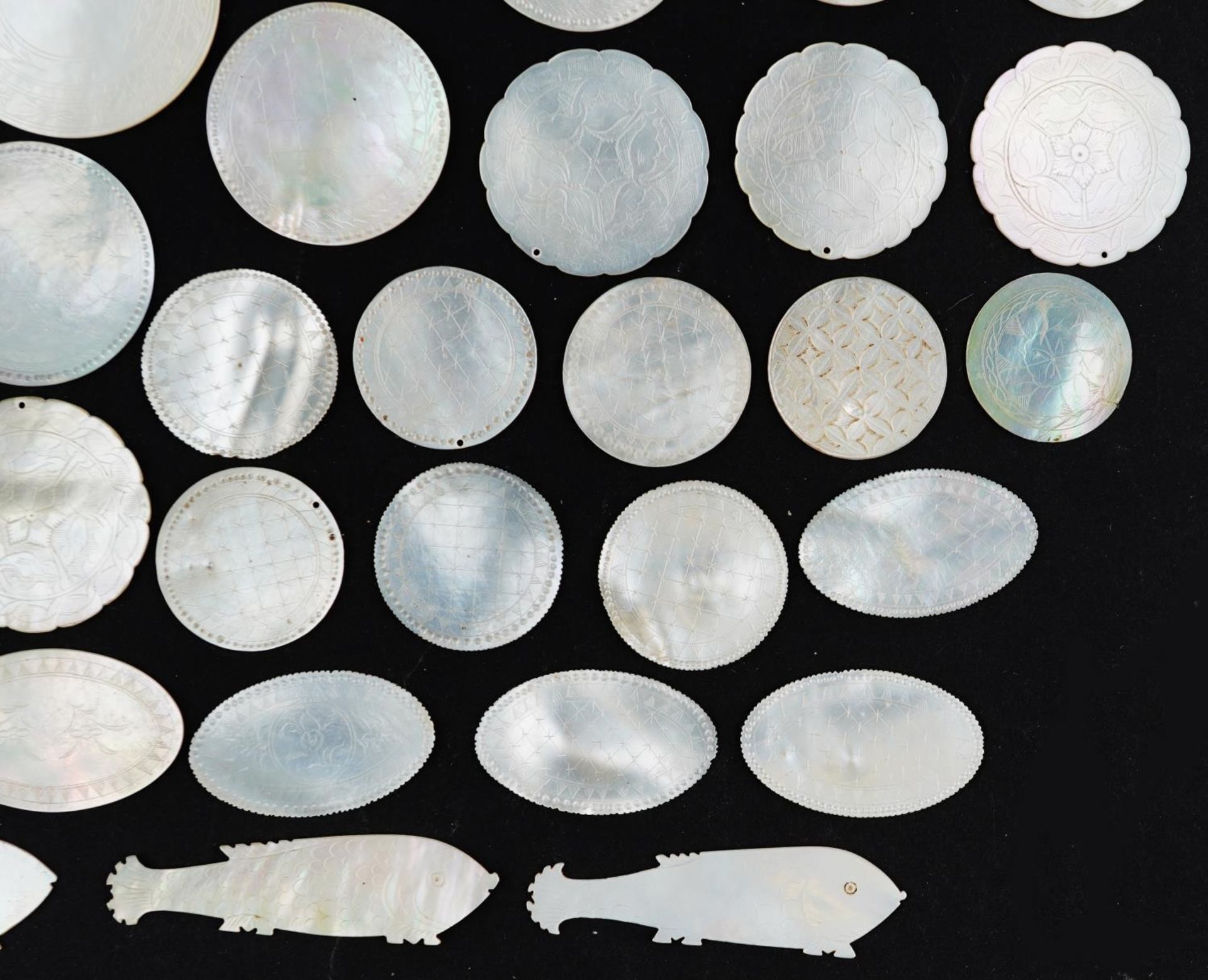 Good collection of Chinese Canton mother of pearl gaming counters carved with figures and flowers, - Image 20 of 30