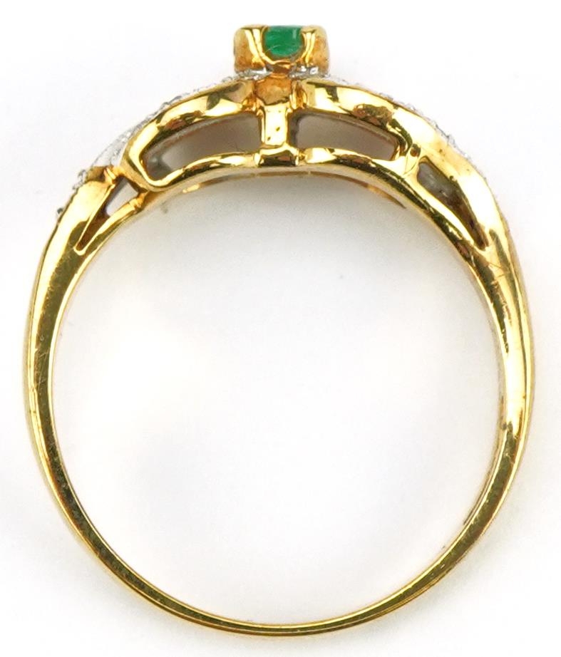 9ct gold emerald and diamond double crossover ring, size O/P, 3.3g - Image 3 of 4
