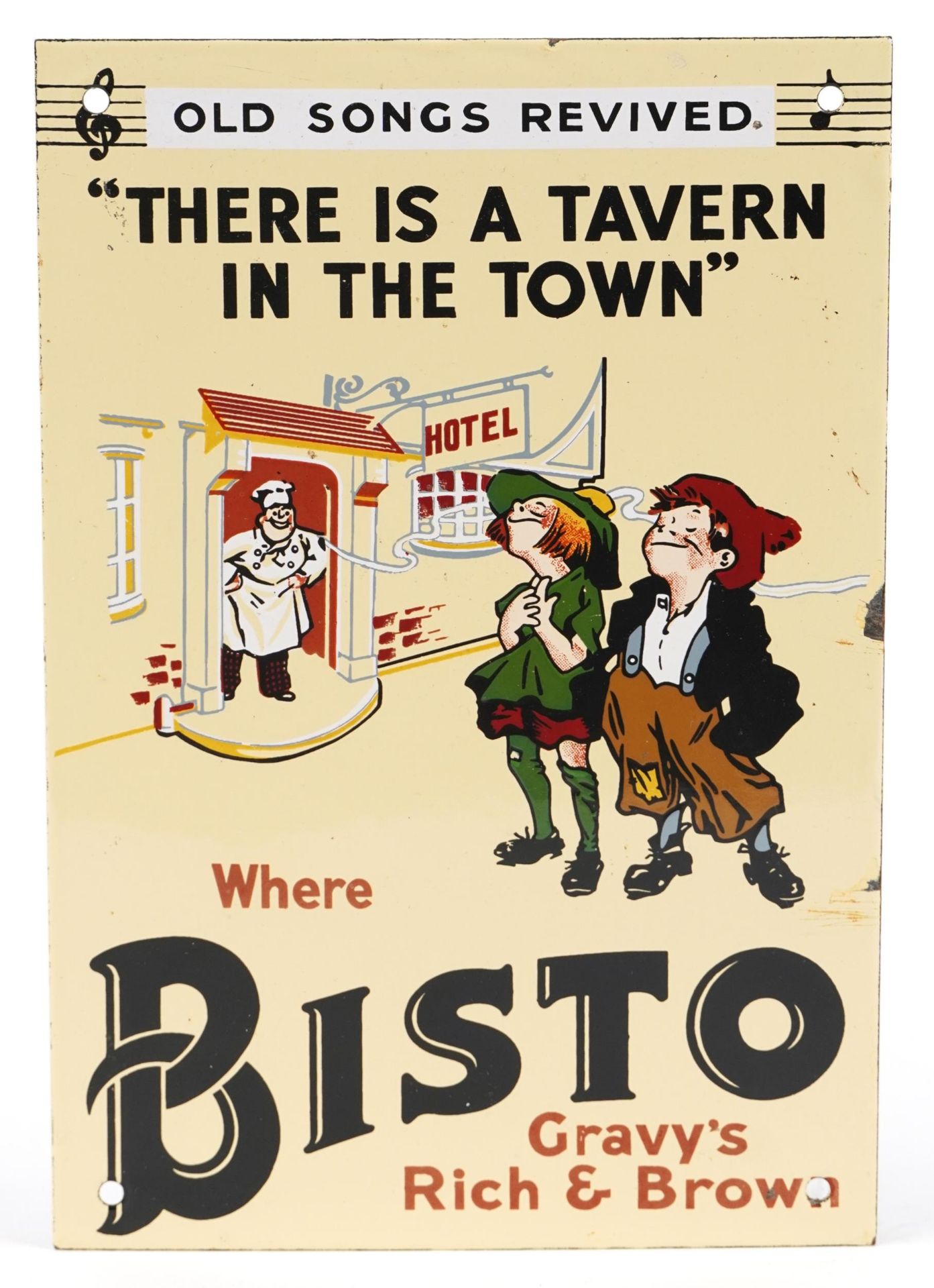 Bisto enamel advertising sign inscribed Where Bisto Gravy's Rich & Brown, 26cm x 18cm