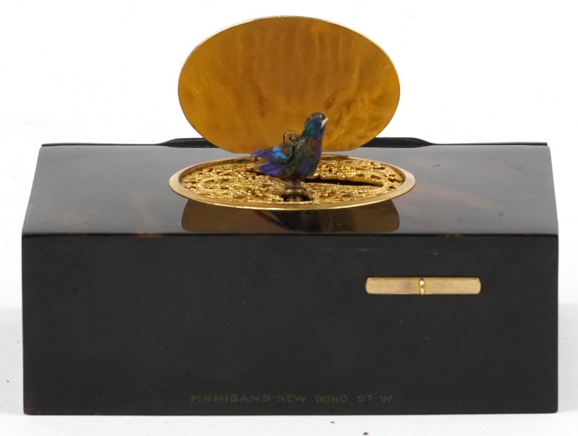 19th century Swiss faux tortoiseshell automaton bird box with unmarked silver gilt hinged lid - Bild 3 aus 11