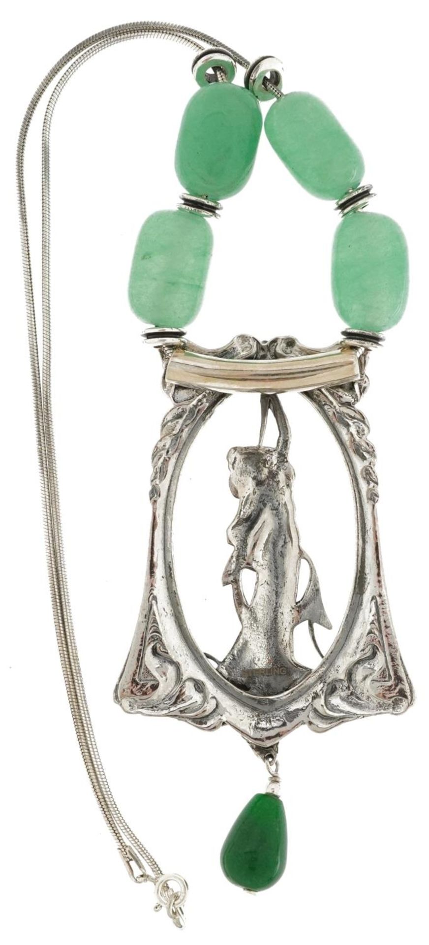 Art Nouveau style sterling silver and green jade necklace in the form of an Art Nouveau female, 40cm - Image 3 of 4