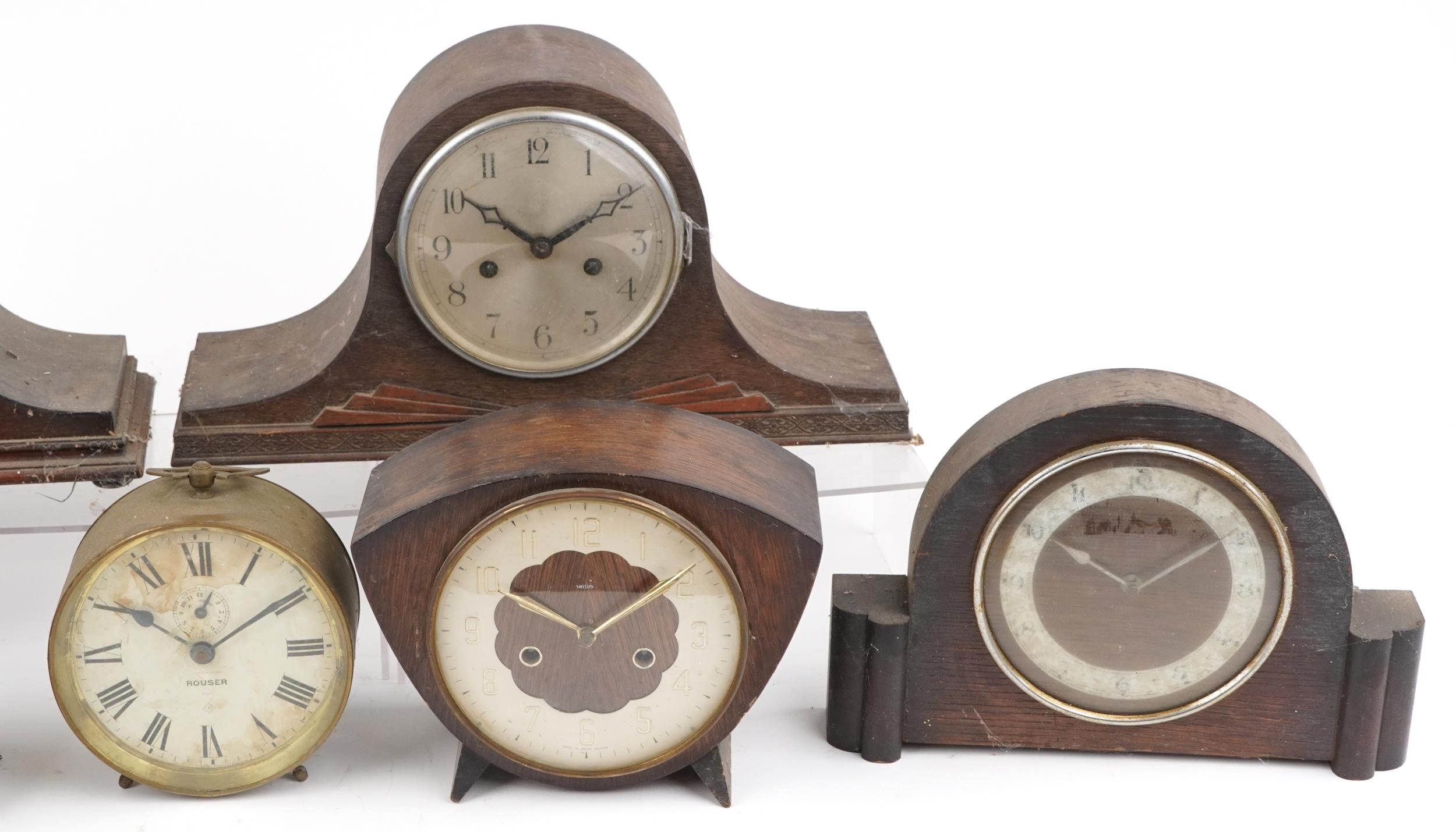 Six early 20th century oak and Bakelite mantle clocks and a American ship's design alarm example - Image 3 of 3