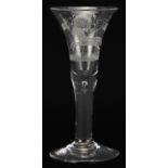 18th century antique Jacobite liberty wine glass engraved with a Jacobite rose and leaping horse,