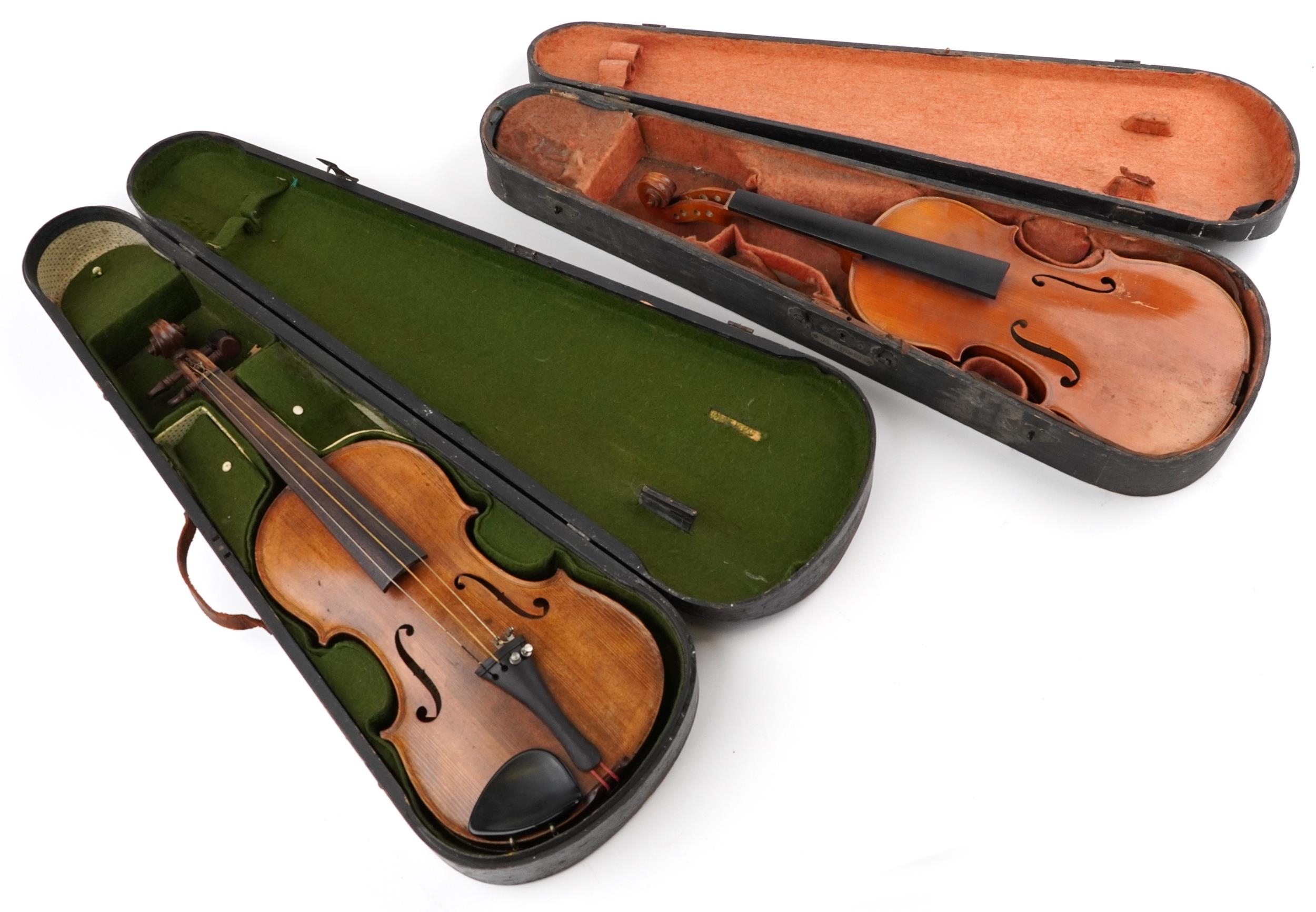 Two wooden violins with green baize lined wooden cases, the violin back 14 inches in length - Image 5 of 7