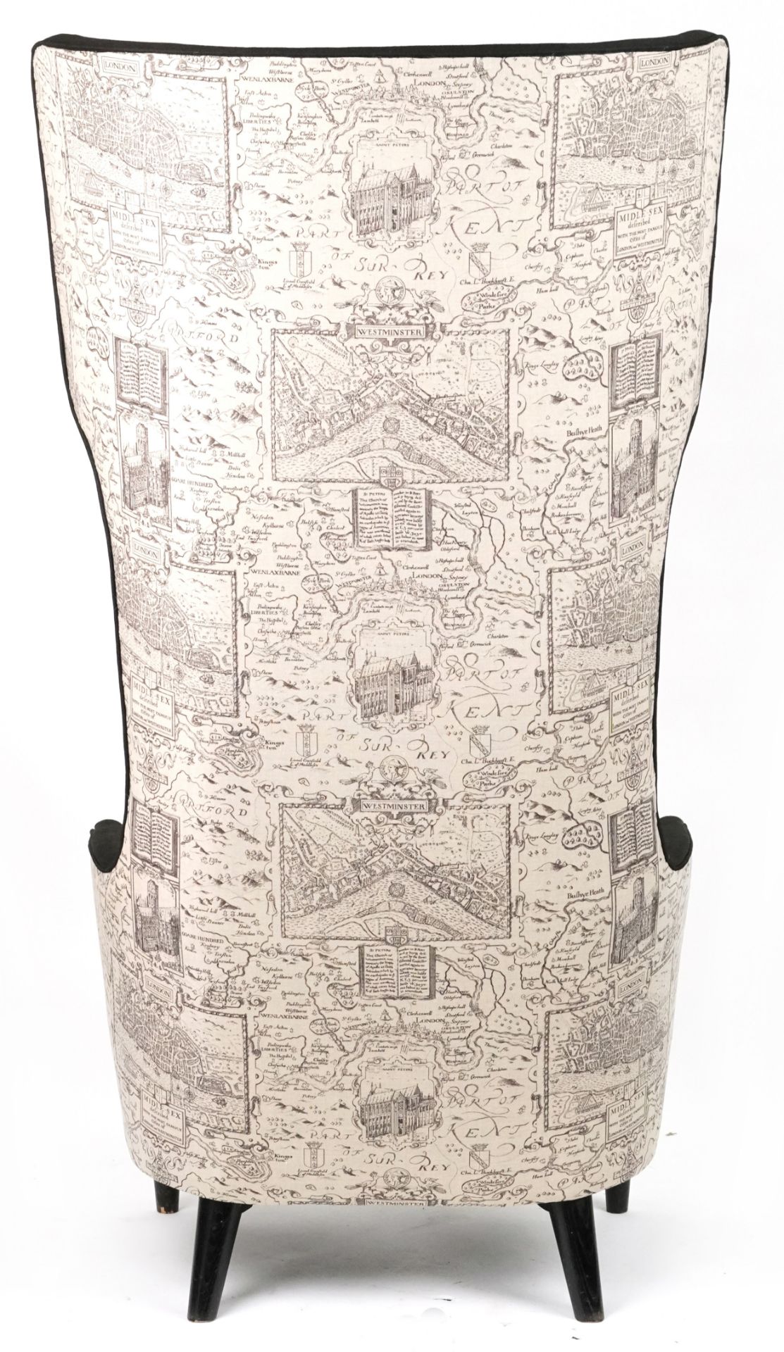 Contemporary high back throne chair upholstered with maps of London and surrounding on ebonised - Image 4 of 4