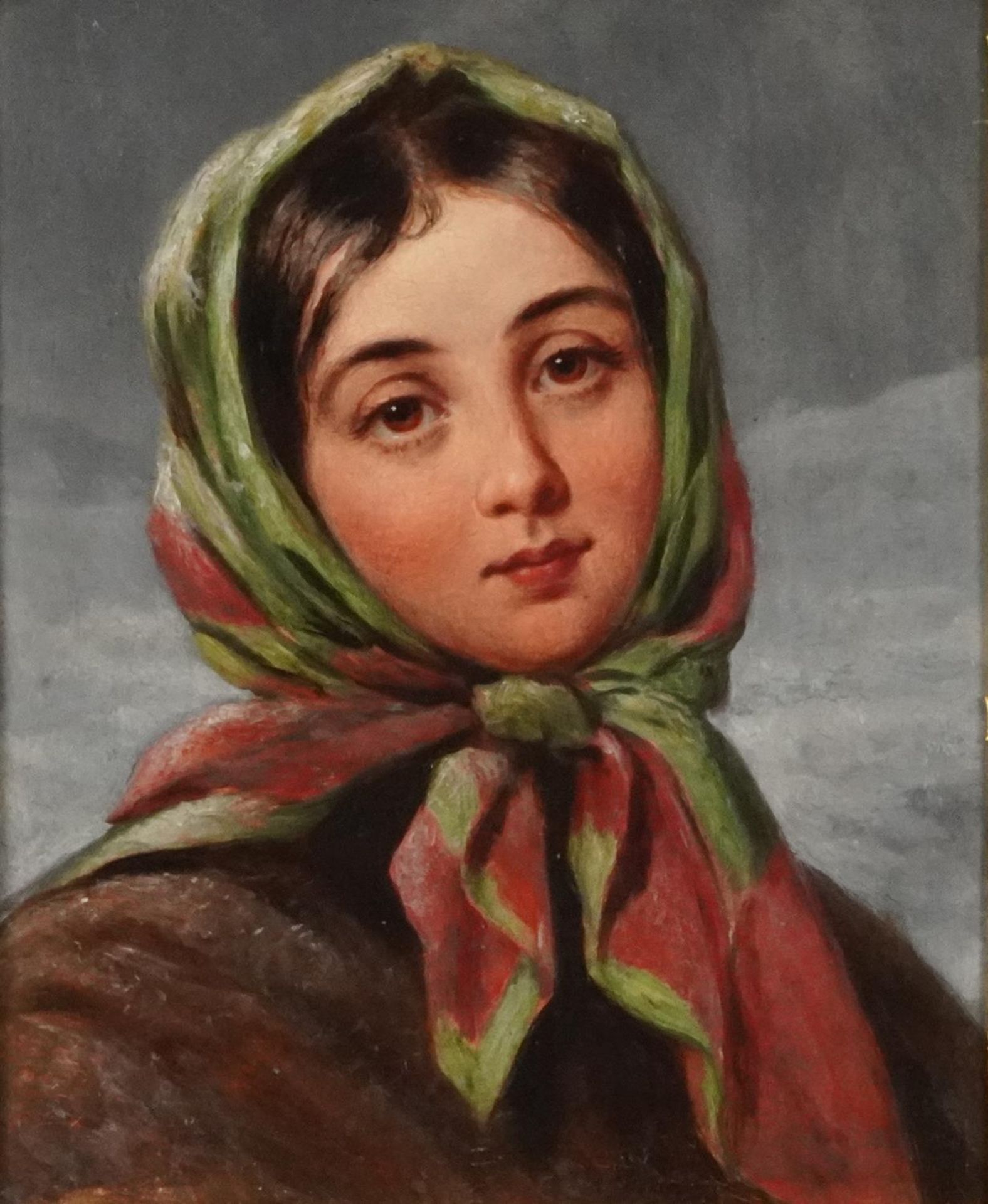 Portrait of a young female peasant, 19th century Italian school oil on board, Mill'd Board George